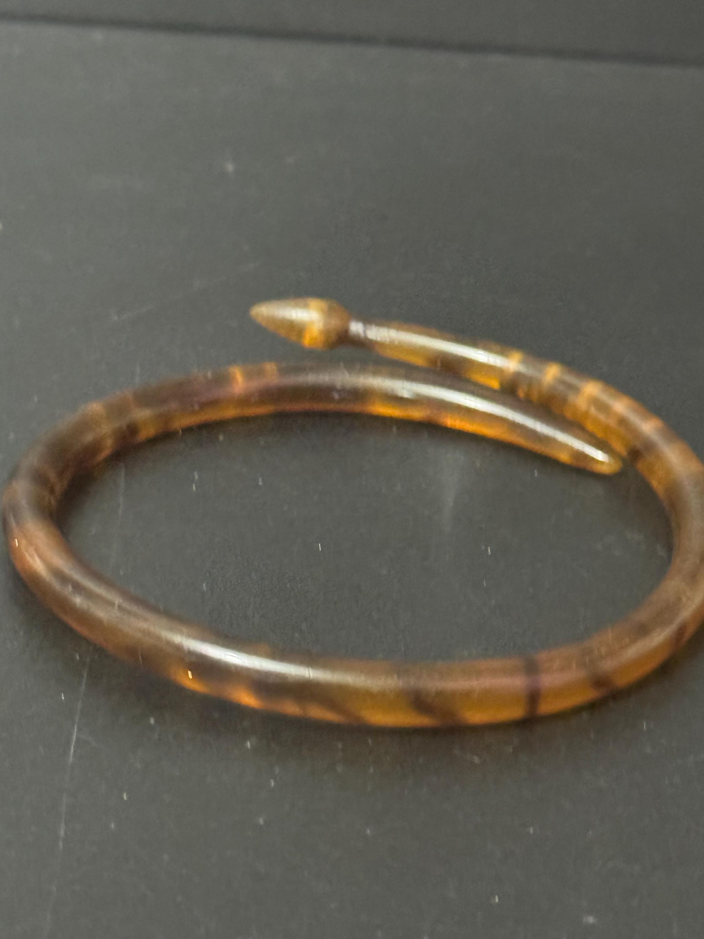 Upper arm Large faux tortoiseshell Celluloid SNAKE wrap bangle Antique Art Deco pique work and clear paste