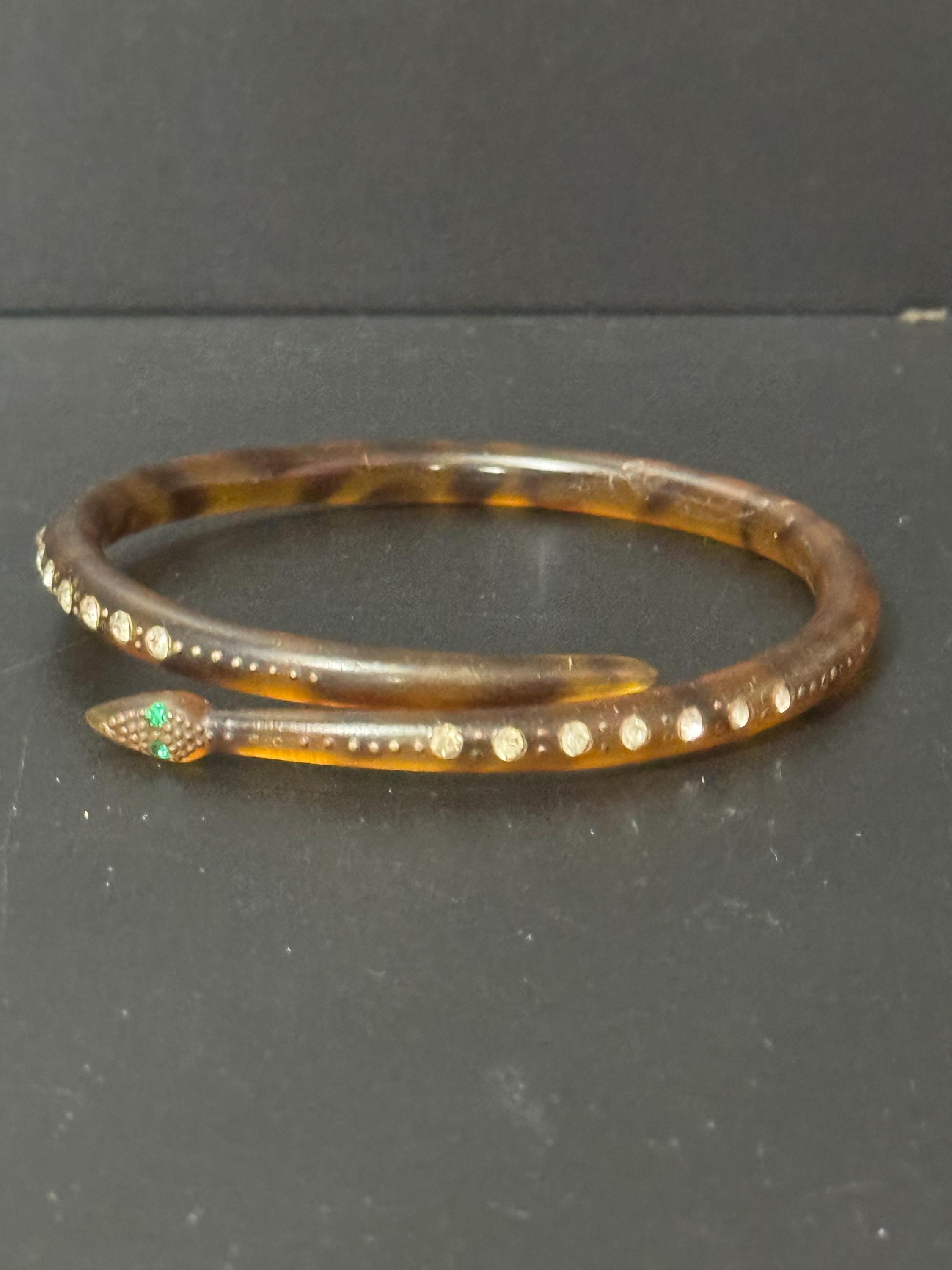 Upper arm Large faux tortoiseshell Celluloid SNAKE wrap bangle Antique Art Deco pique work and clear paste