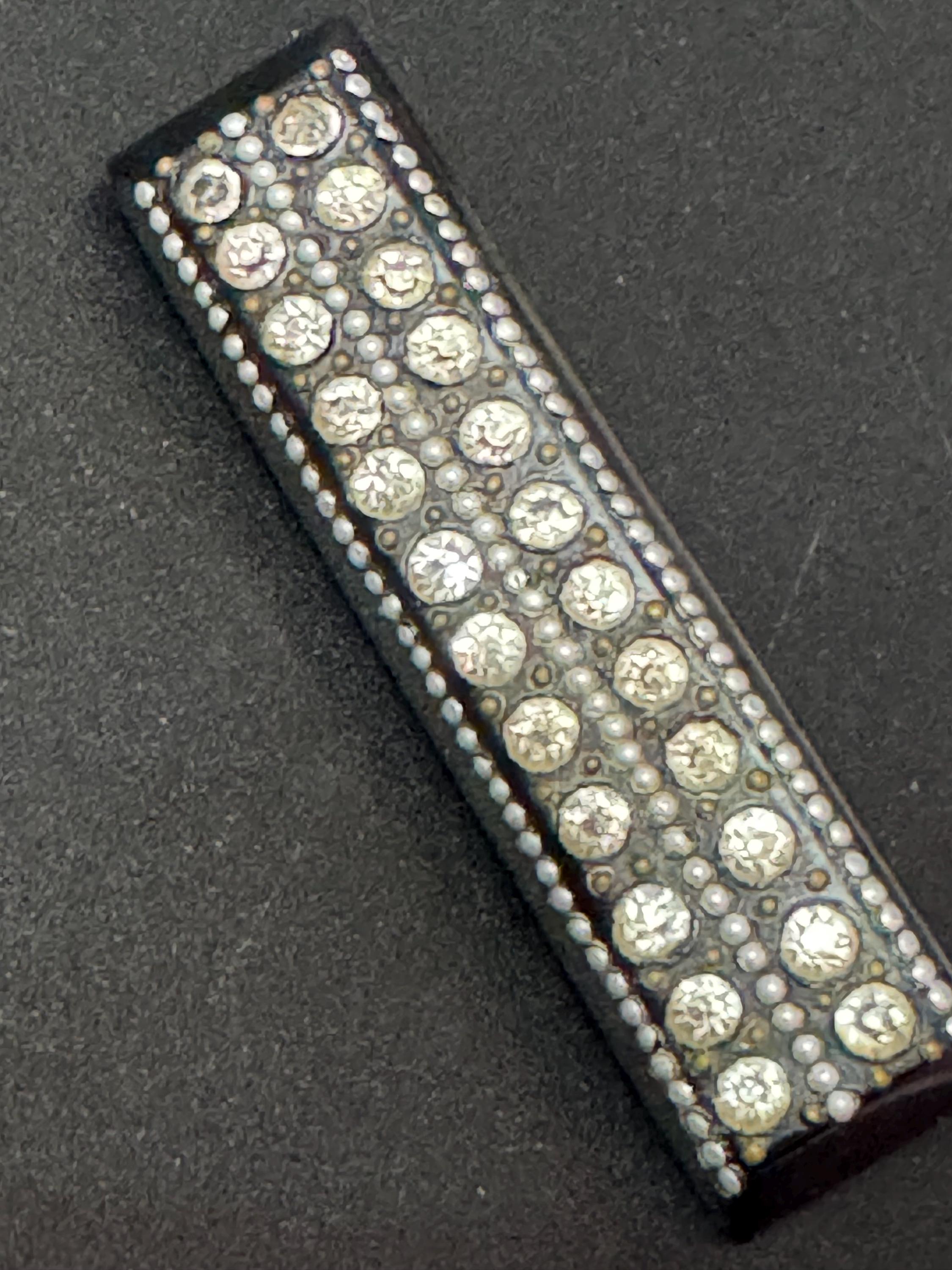 1920s early plastic Bakelite rhinestone paste diamanté rectangular brooch with pique work