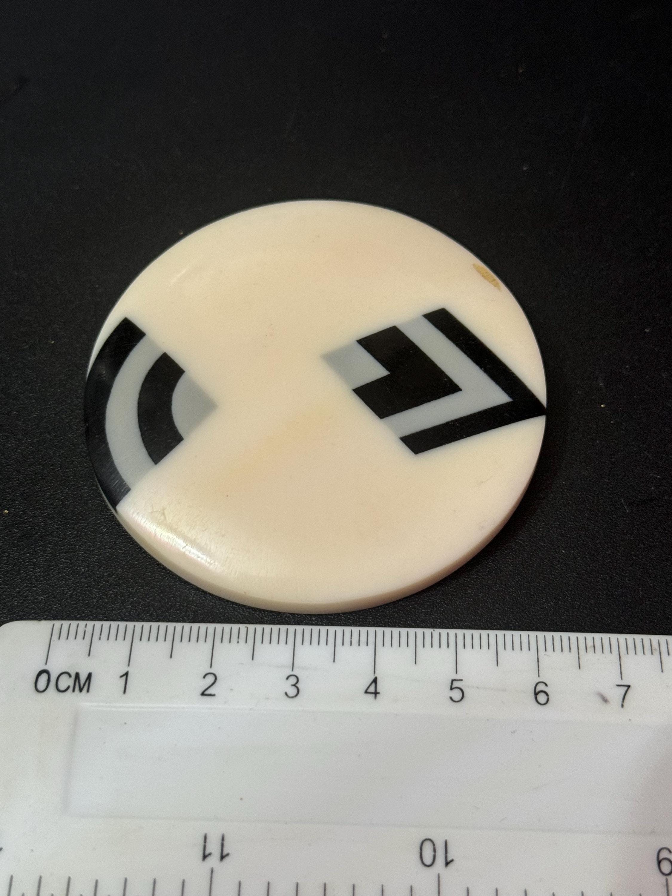 Oversized 6cm Art Deco large round disc cream black and silver geometric brooch , early plastic