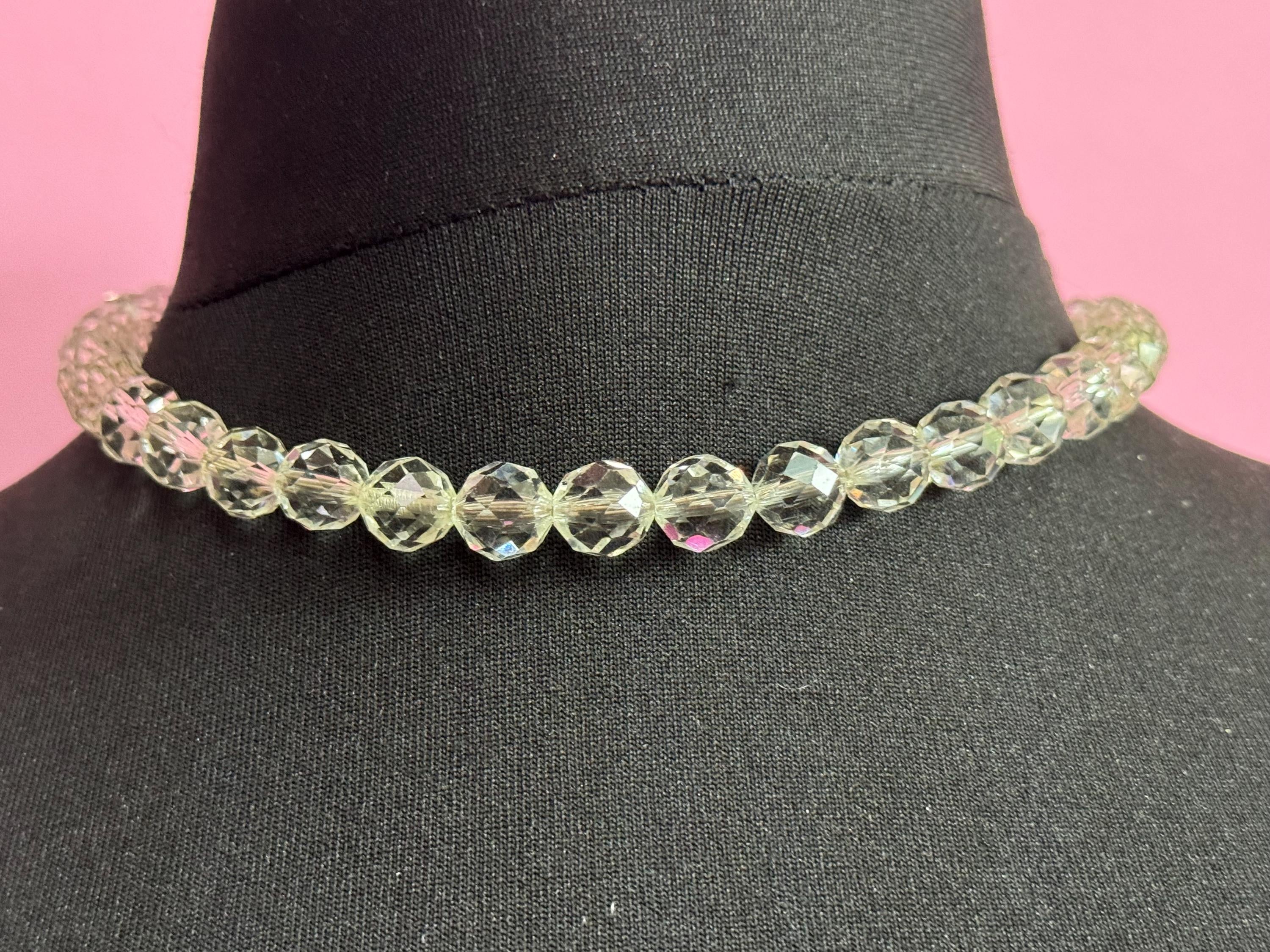 Vintage faceted clear crystal round beaded necklace 45cm art deco as found