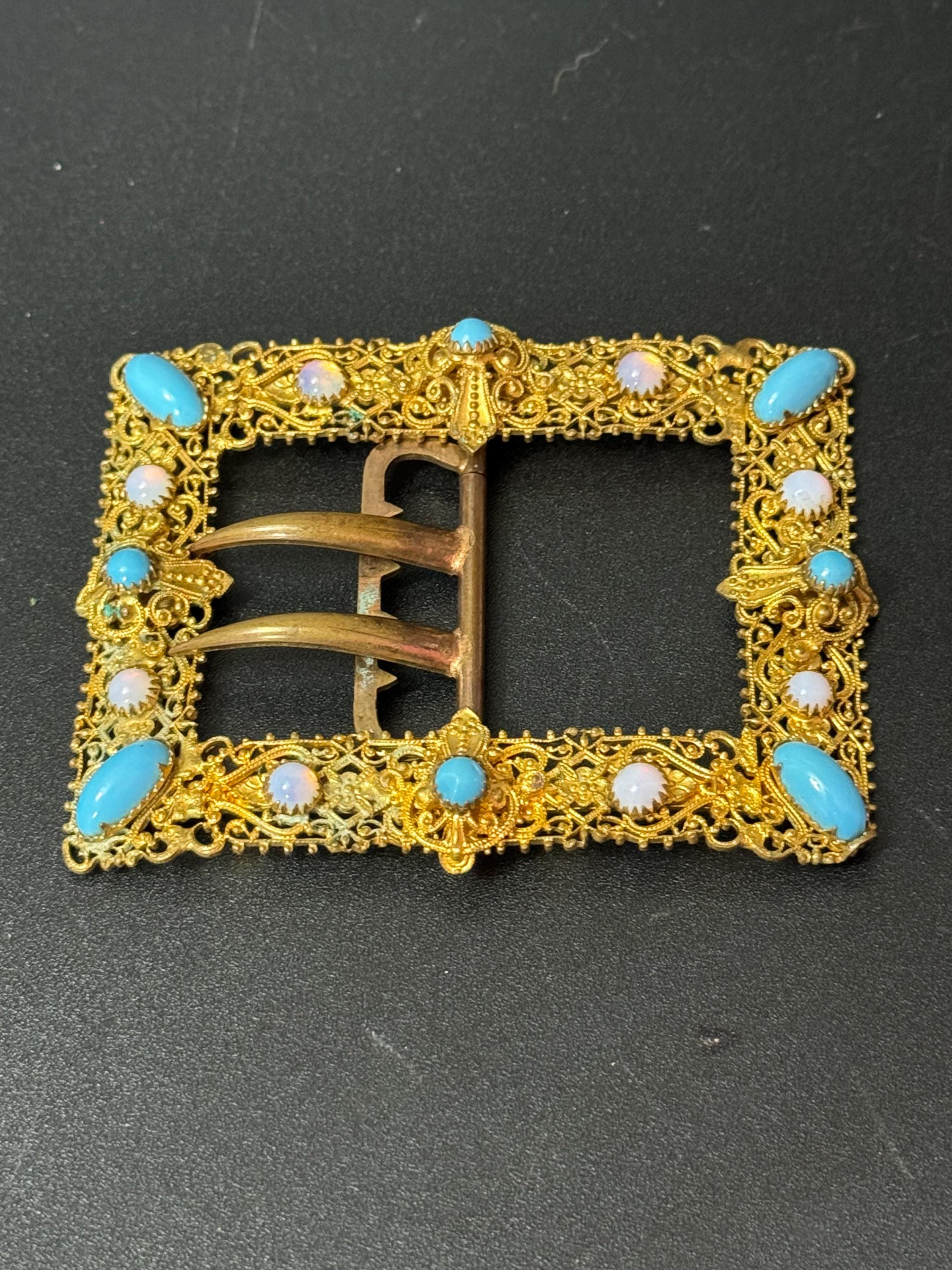 2 prong turquoise opaline brass Belt Buckle Haberdashery Antique Art Nouveau