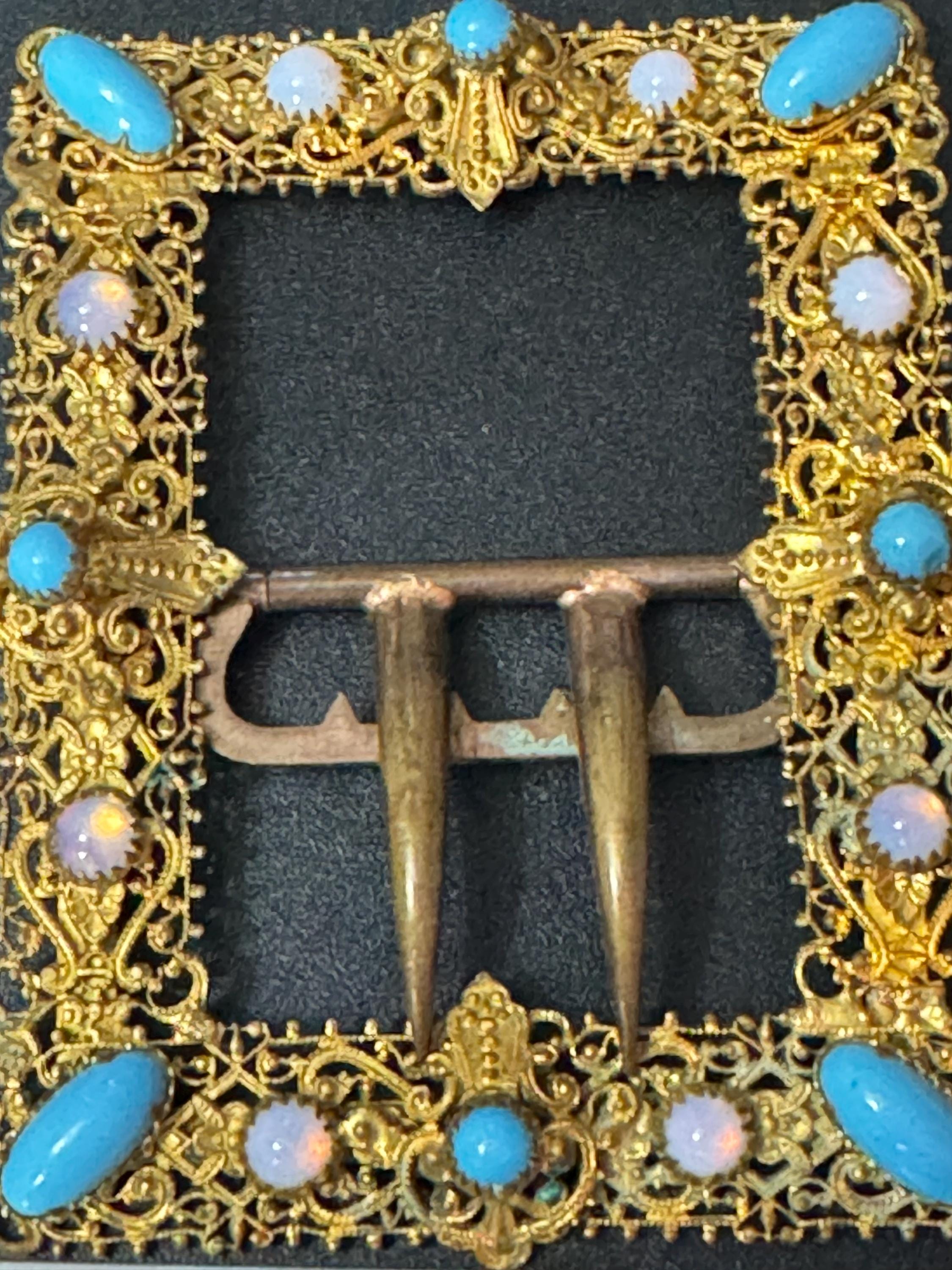 2 prong turquoise opaline brass Belt Buckle Haberdashery Antique Art Nouveau