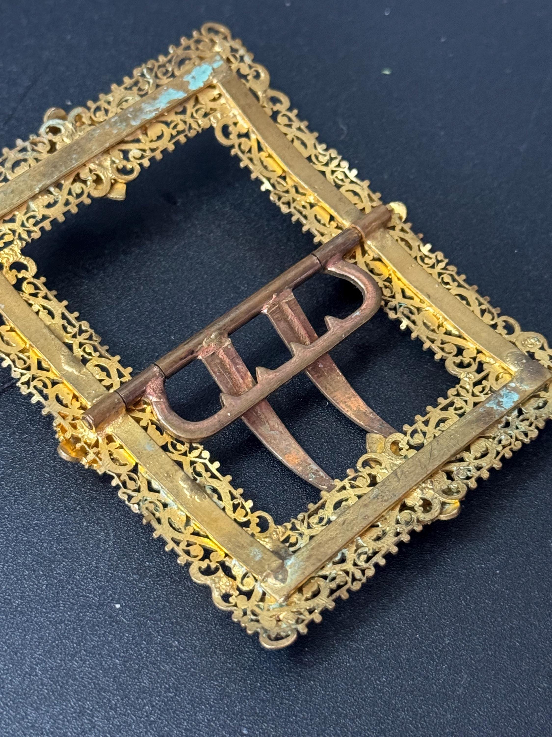 2 prong turquoise opaline brass Belt Buckle Haberdashery Antique Art Nouveau