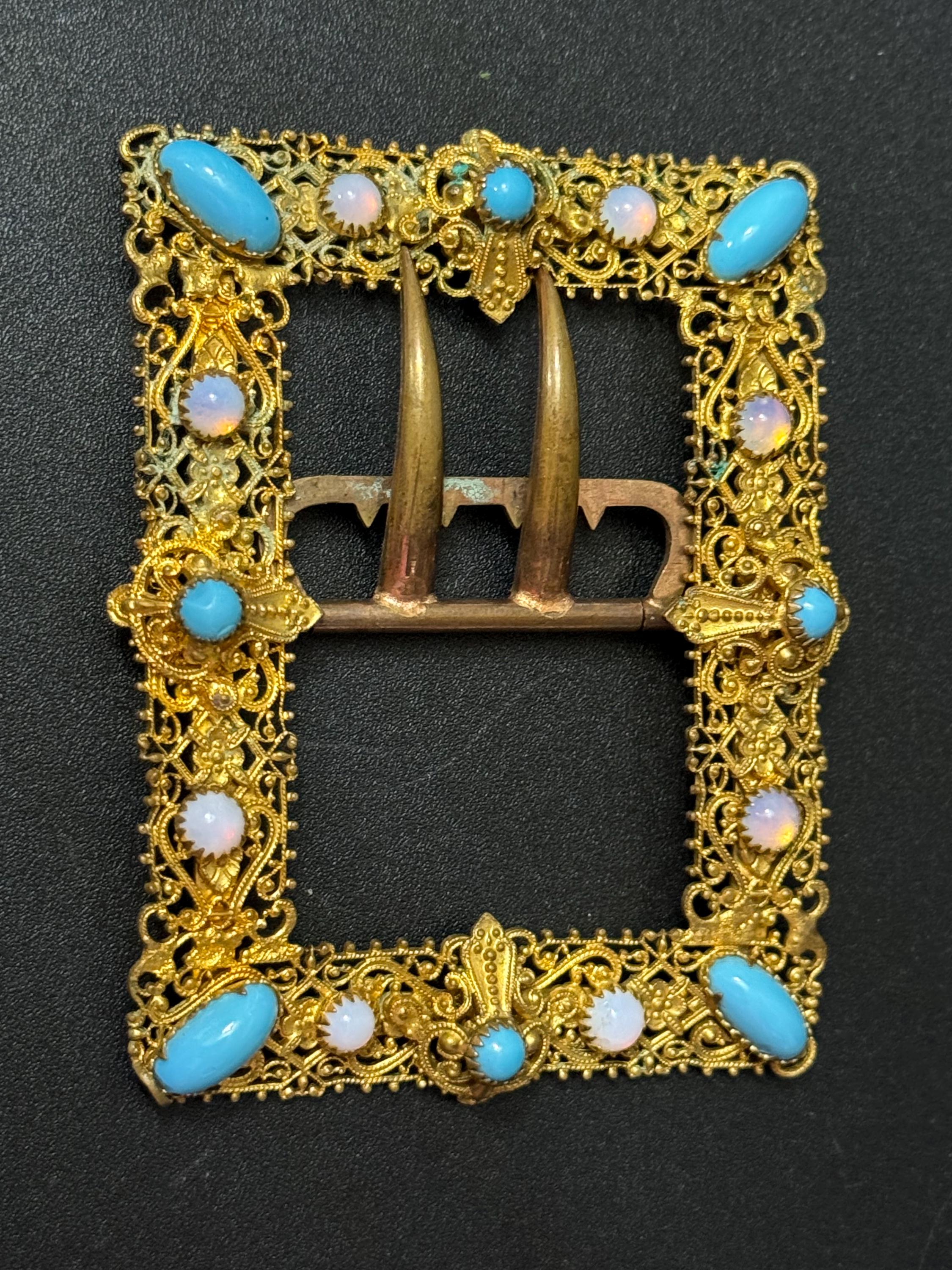 2 prong turquoise opaline brass Belt Buckle Haberdashery Antique Art Nouveau
