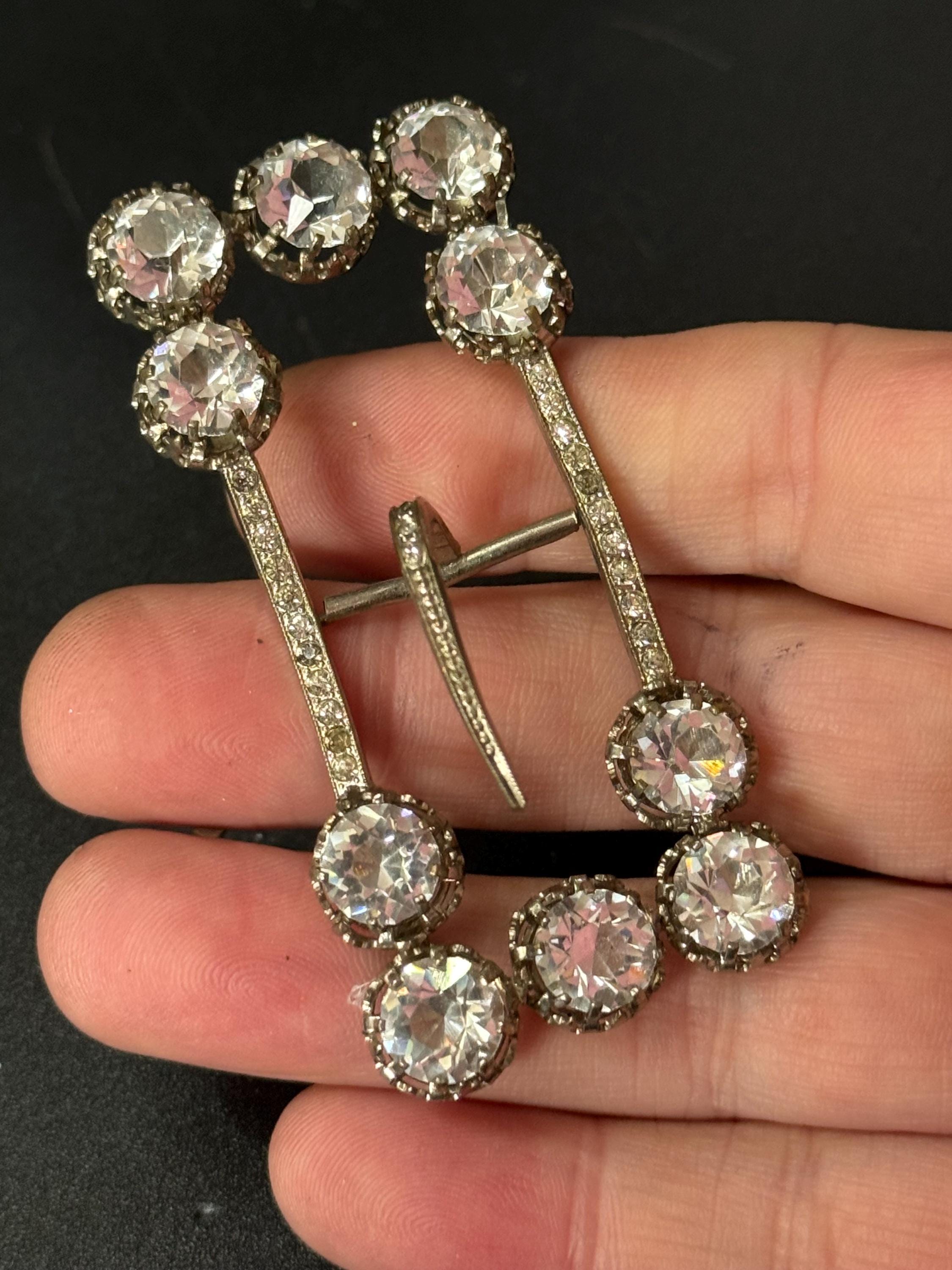 vintage rectangular Clear Glass Diamanté Belt Buckle one prong