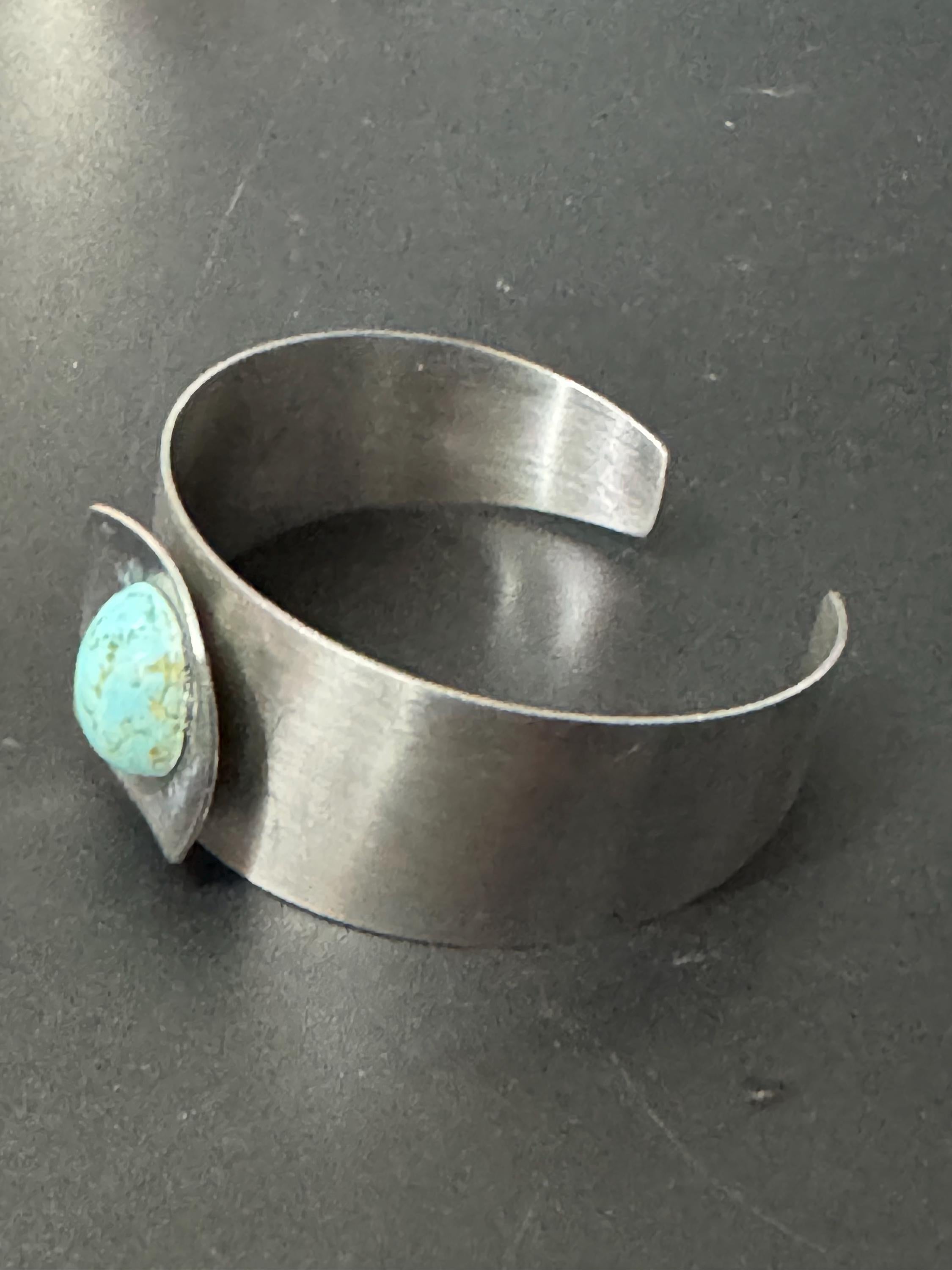 Brutalist blue gemstone stainless steel wide bangle 1970s modernist