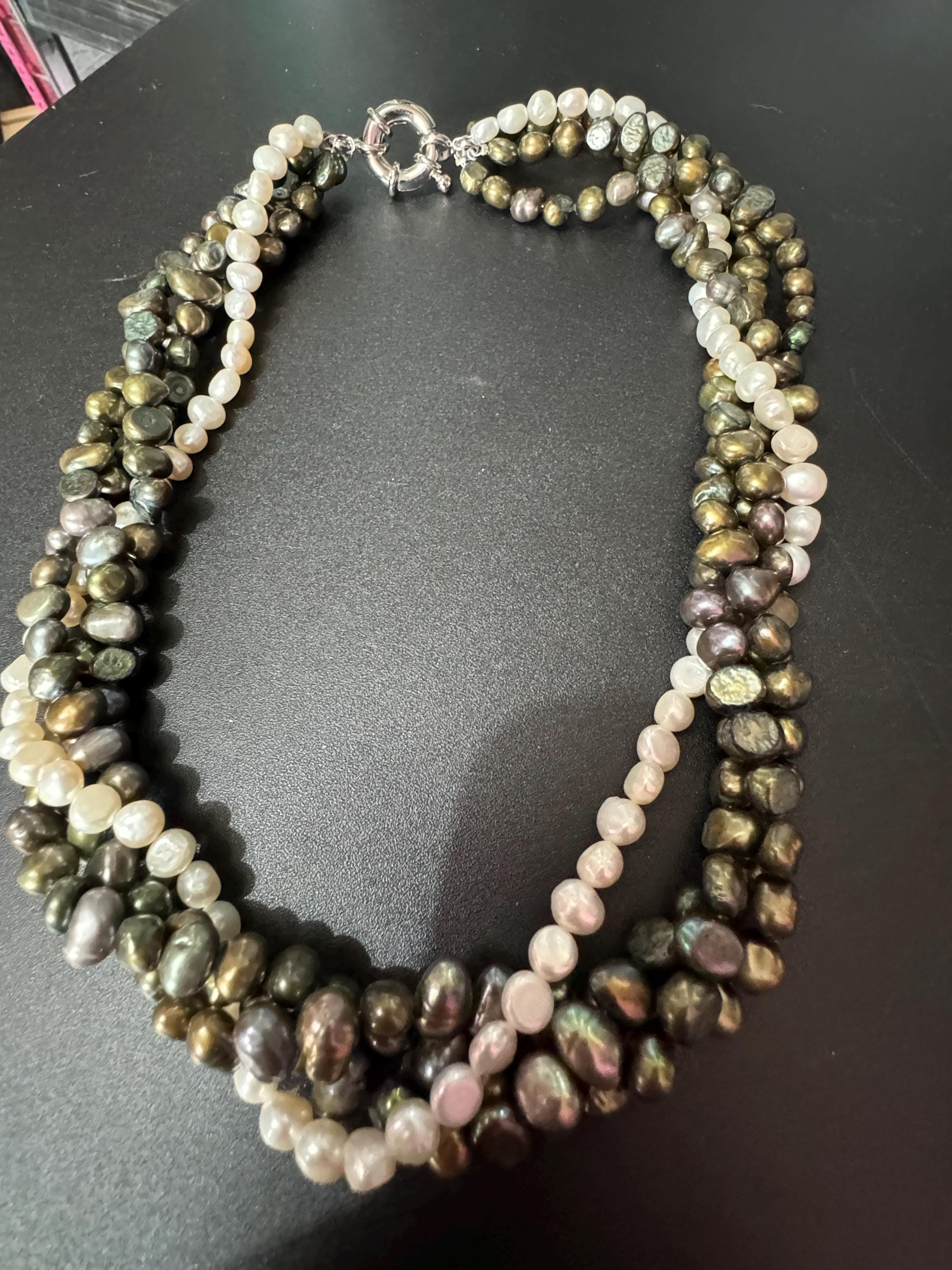 Vintage khaki olive green and grey genuine dyed freshwater pearl twisted multi-strand necklace with oversized clasp silver tone