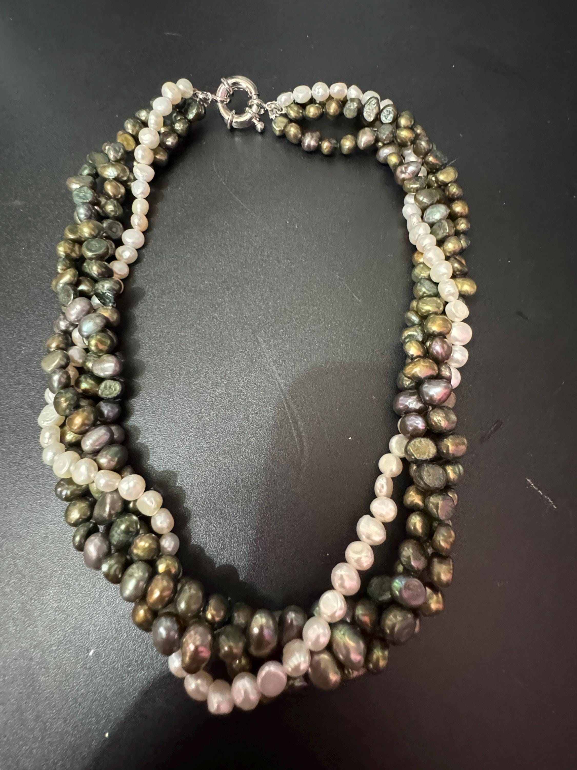 Vintage khaki olive green and grey genuine dyed freshwater pearl twisted multi-strand necklace with oversized clasp silver tone