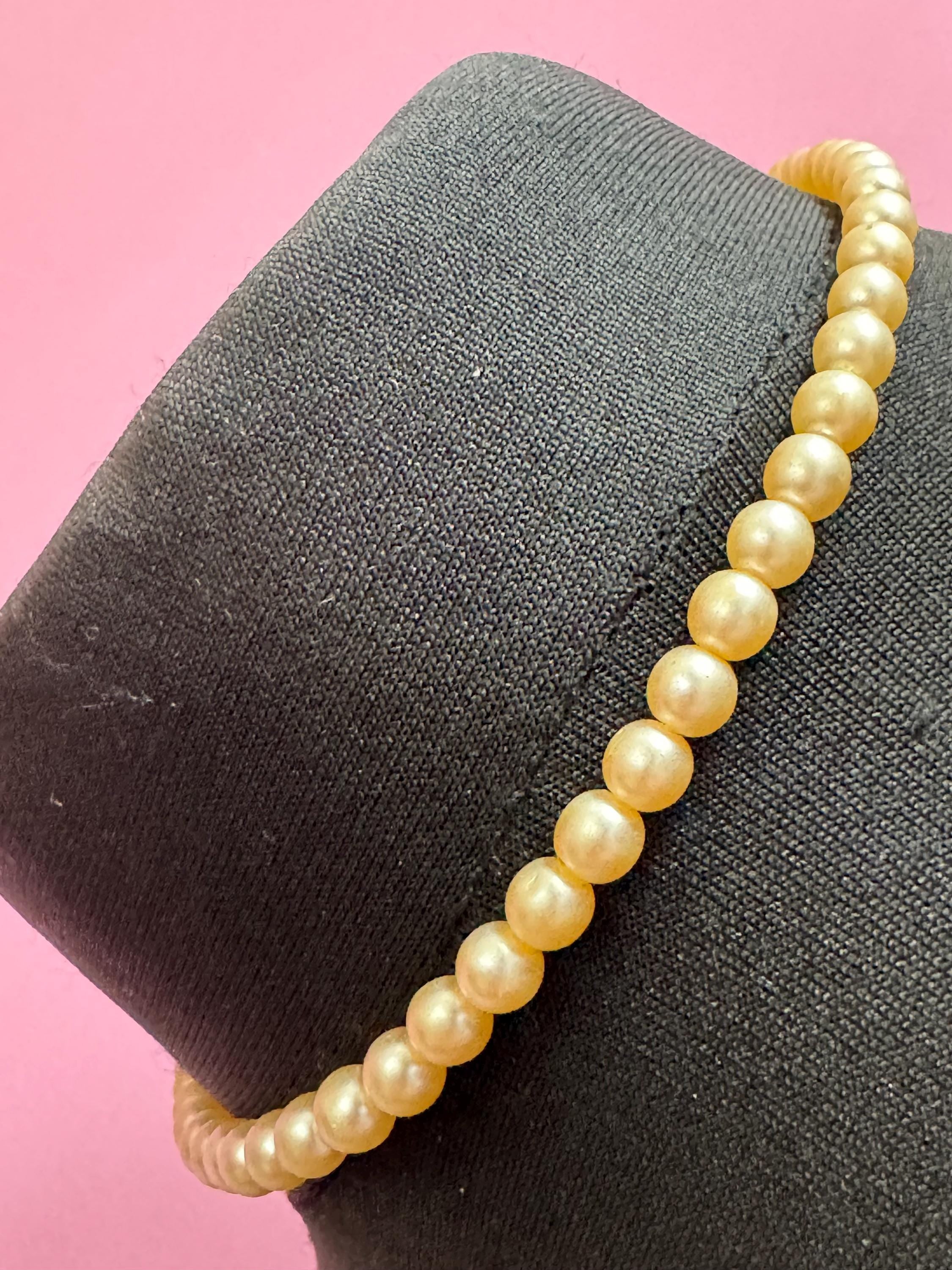 Vintage short cream glass pearl necklace silver tone diamanté clasp 40cm 6mm beads