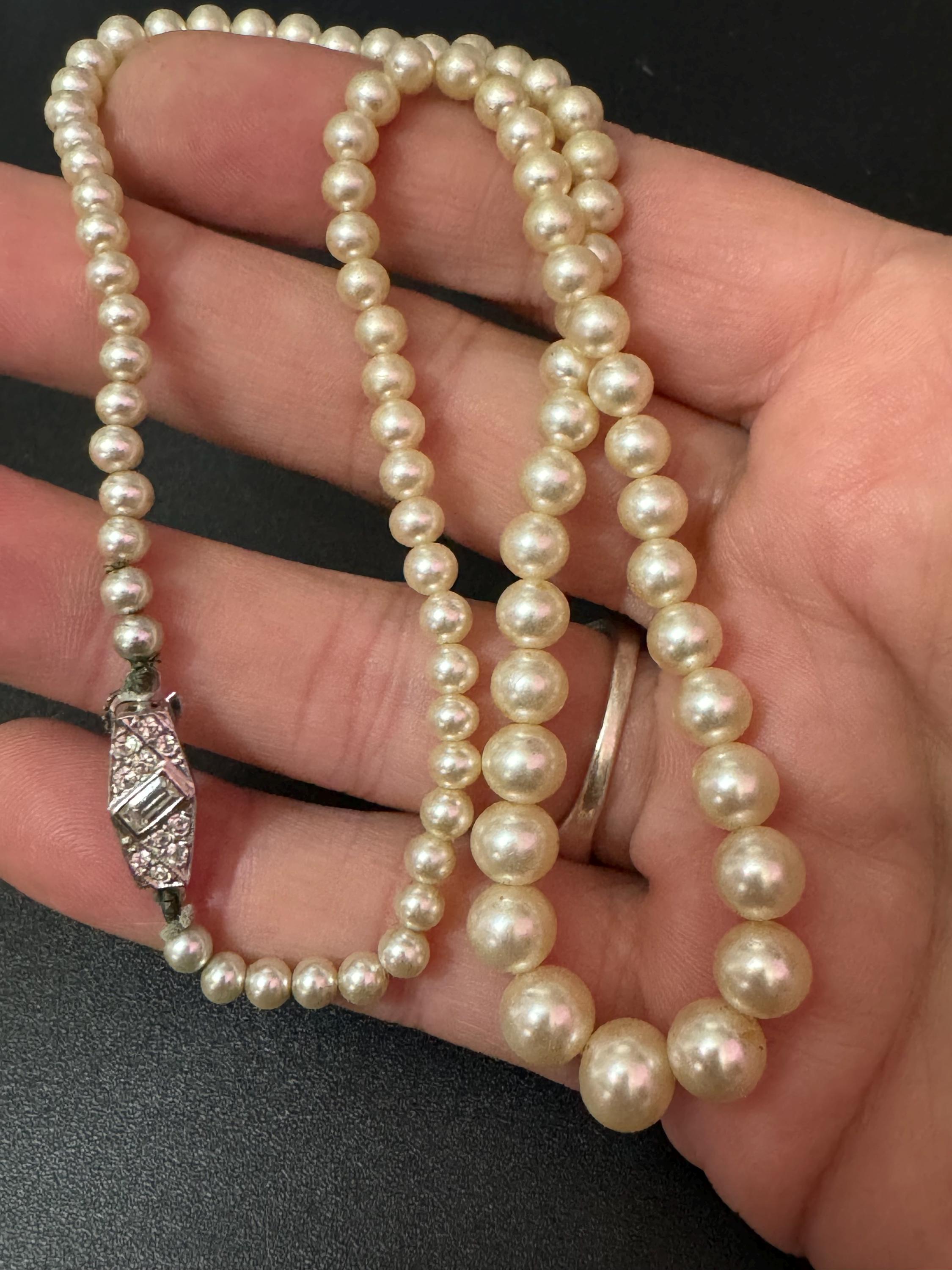 Signed pompadour Vintage short cream glass graduated pearl necklace silver tone diamanté clasp 41cm