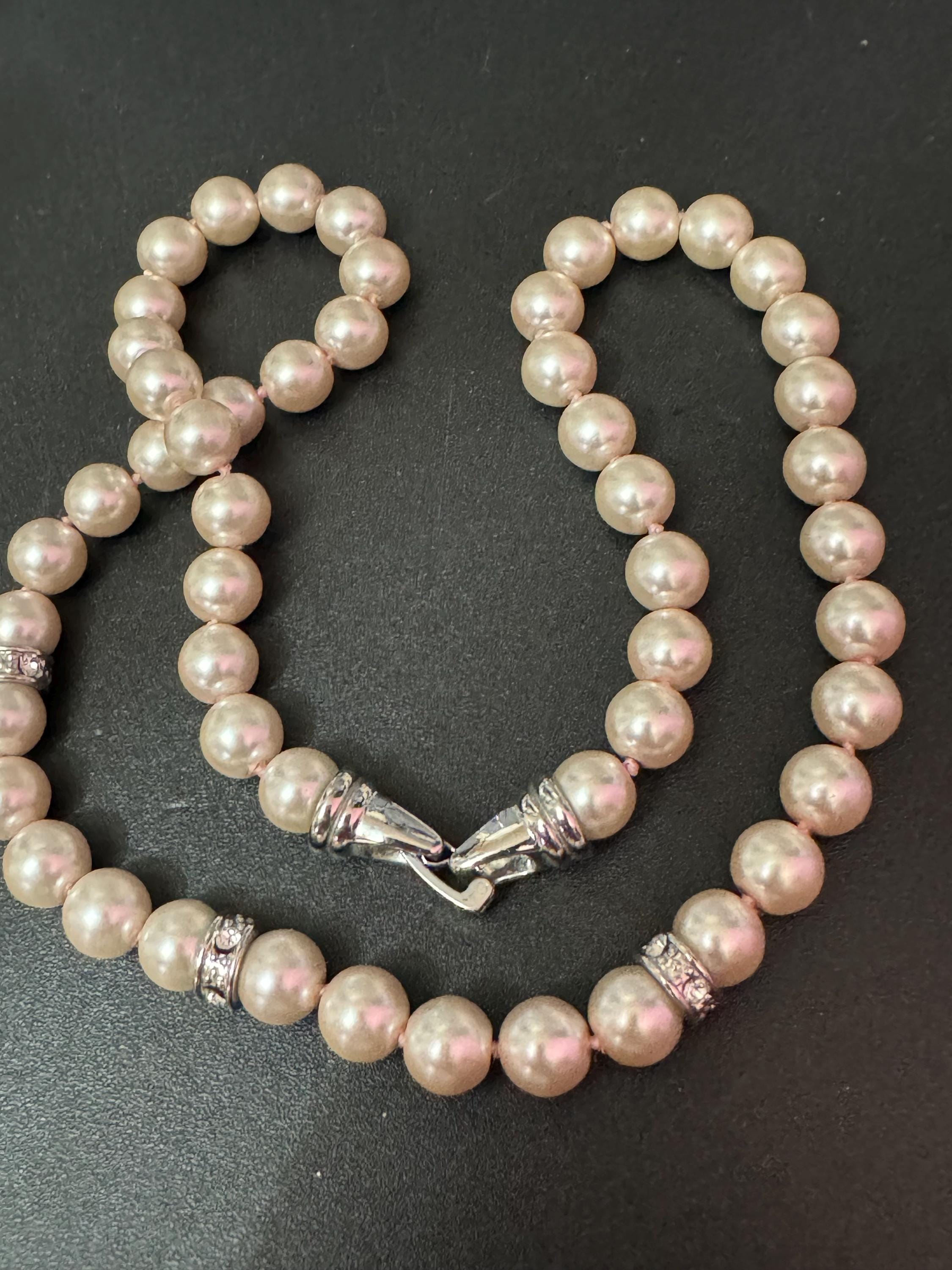 retro diamanté knotted glass pearl necklace modernist silver tone clasp 47cm 8mm beads