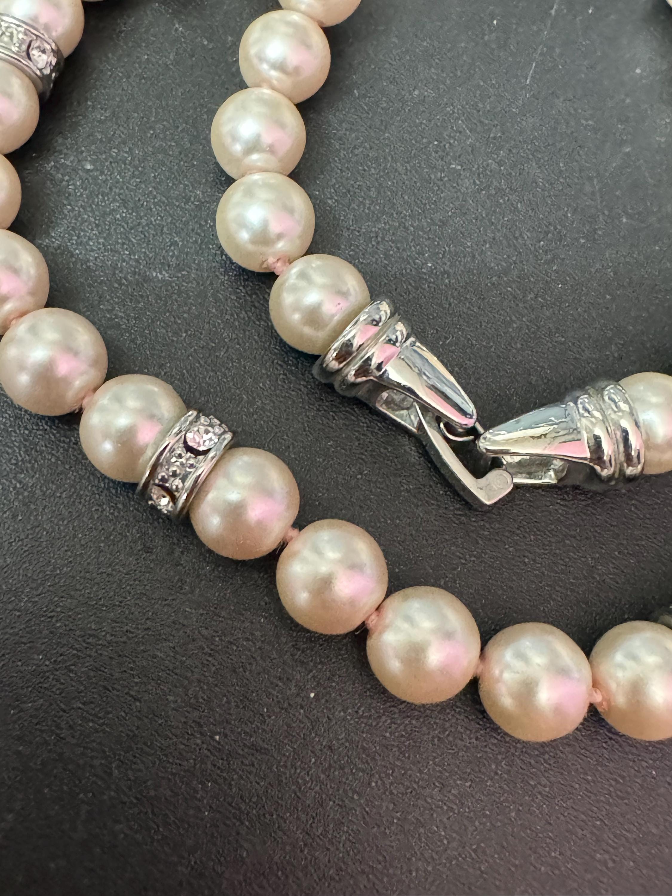 retro diamanté knotted glass pearl necklace modernist silver tone clasp 47cm 8mm beads