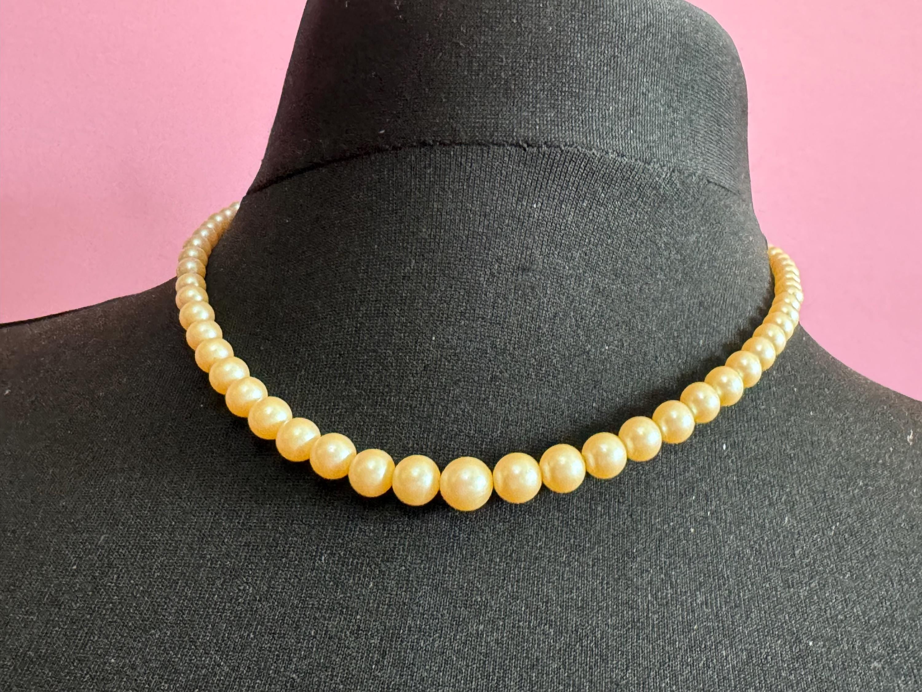 Vintage Cream Glass Pearl Necklace: Graduated Design, Gold Tone Clasp