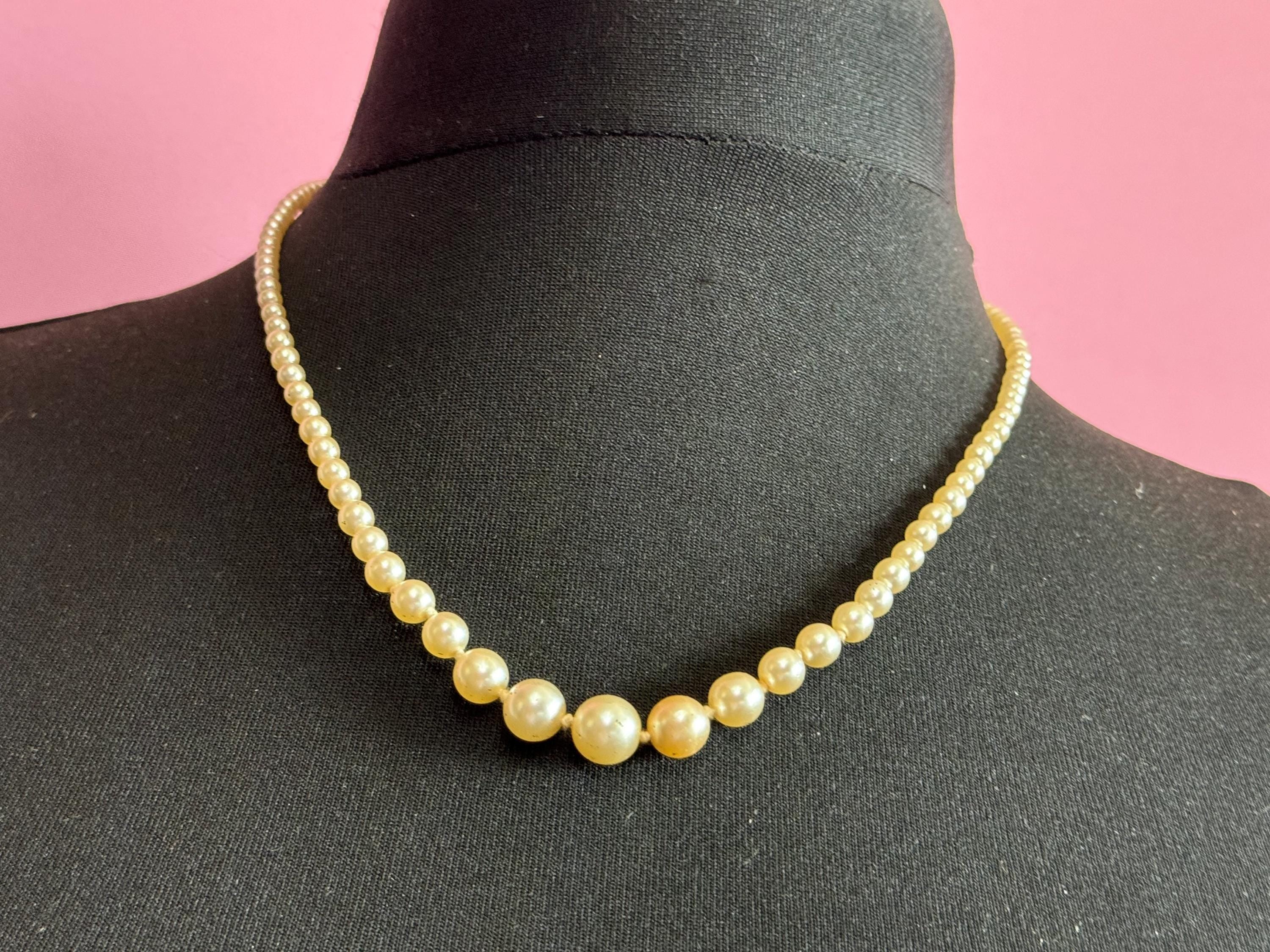 Signed Damart Vintage cream glass graduated pearl necklace silver tone diamanté clasp 51cm