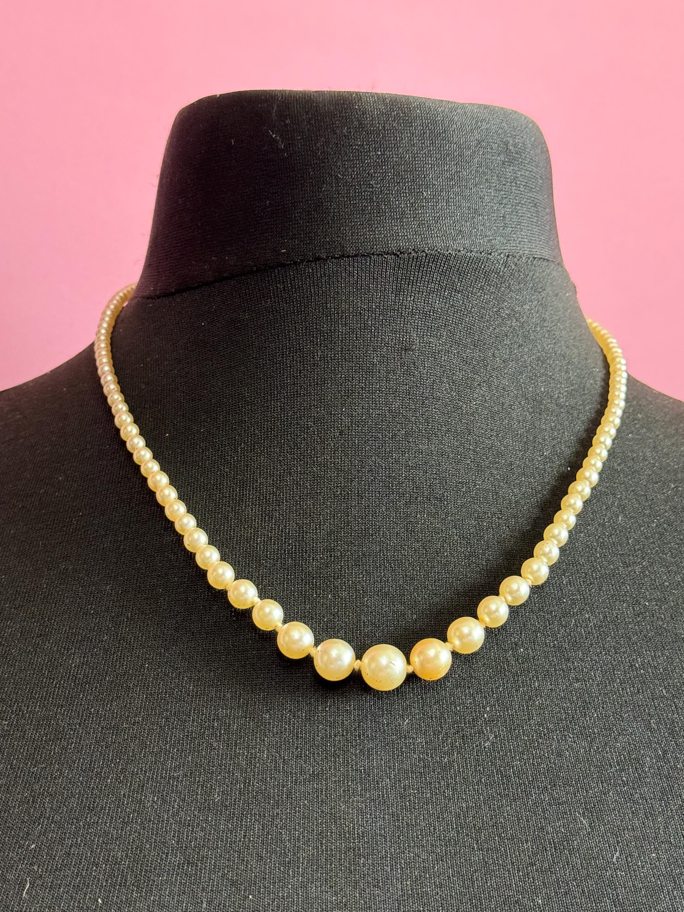 Signed Damart Vintage cream glass graduated pearl necklace silver tone diamanté clasp 51cm