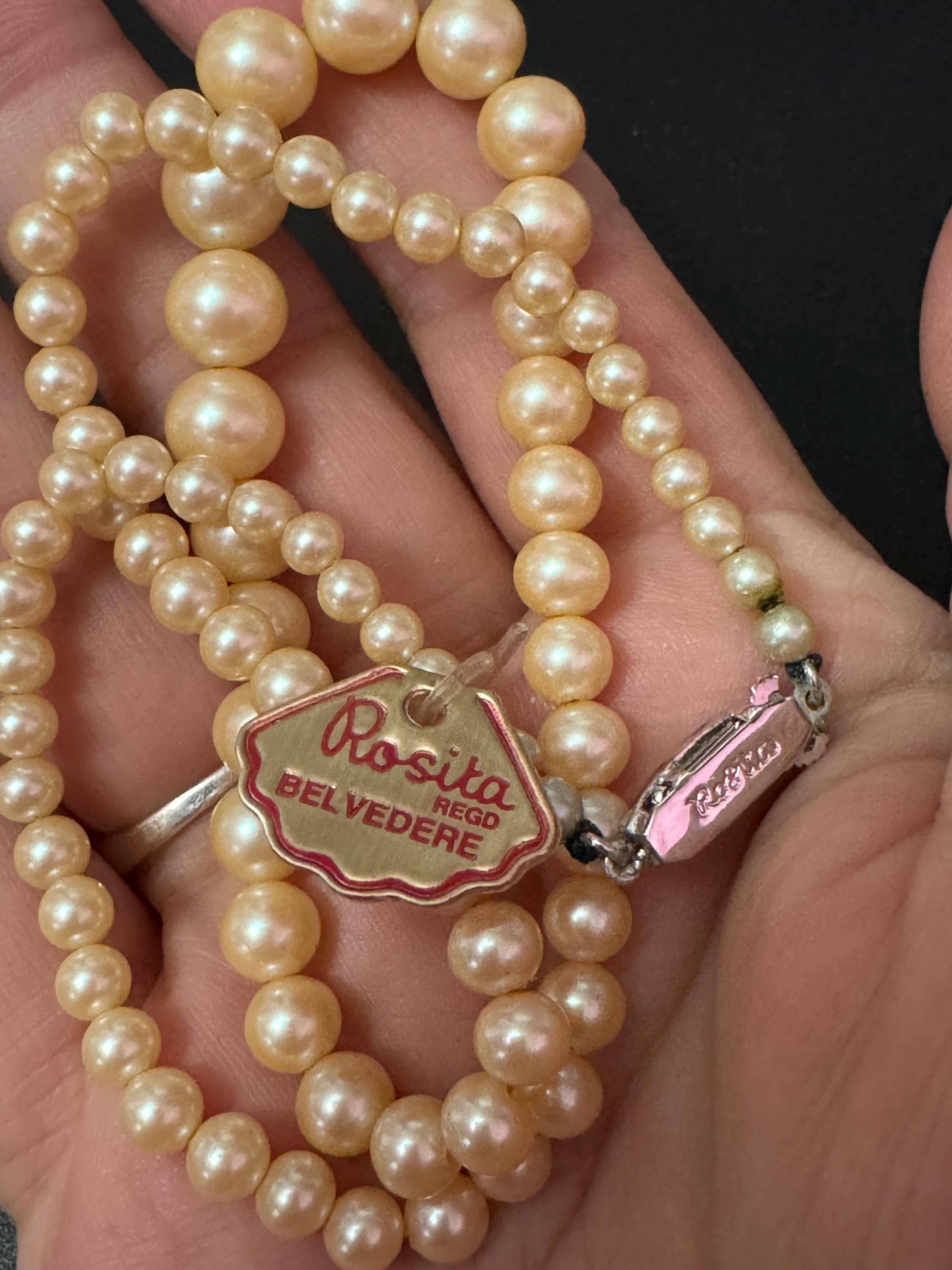 Signed Rosita Vintage cream glass graduated pearl necklace silver tone diamanté clasp 44cm