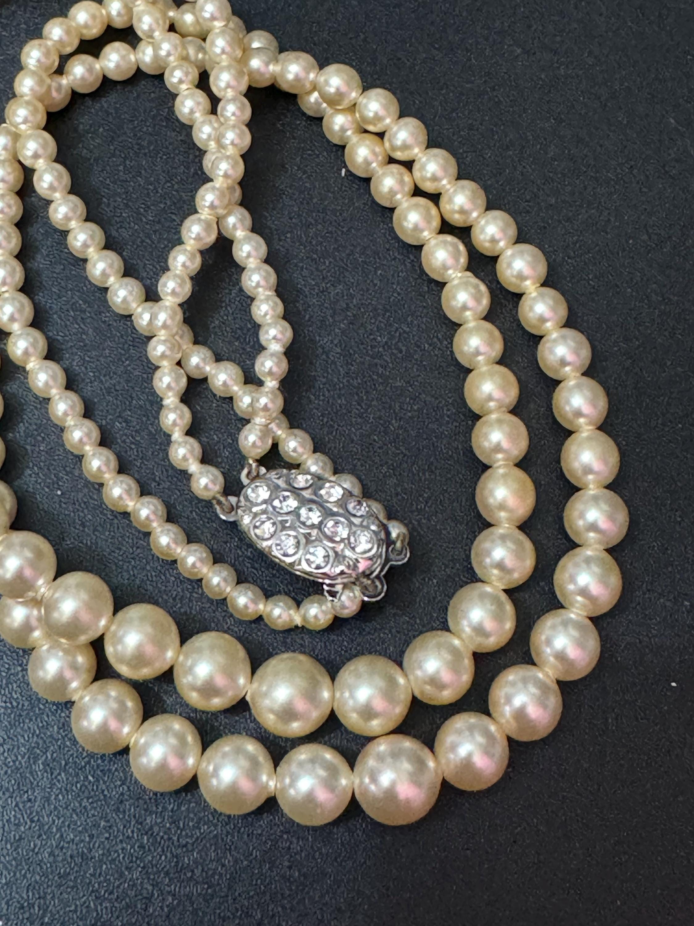 vintage 2 row double strand glass Pearl necklace light cream 43cm silver tone diamanté clasp