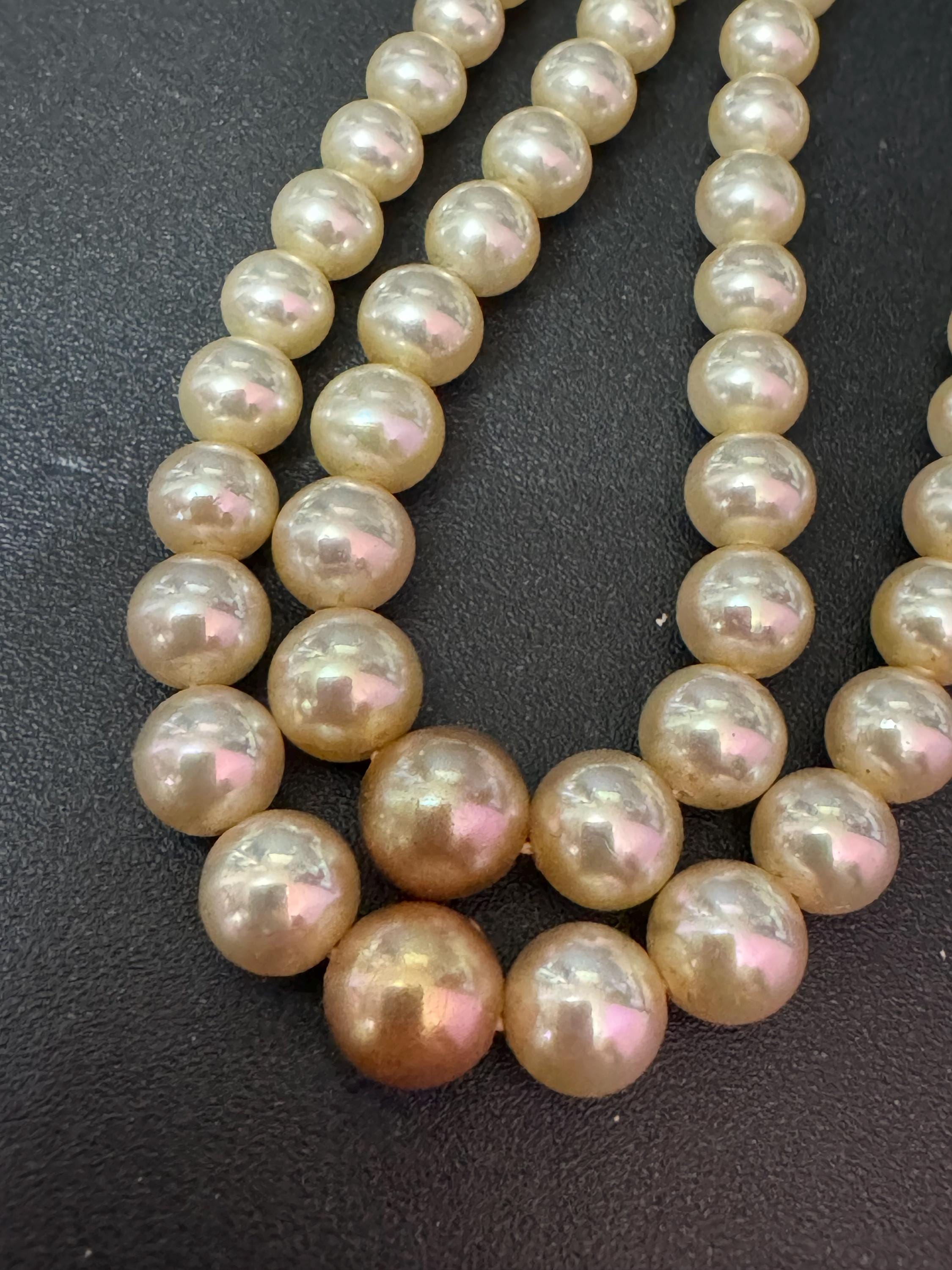 vintage 2 row double strand glass Pearl necklace light cream with central darker bead 40cm silver tone diamanté clasp