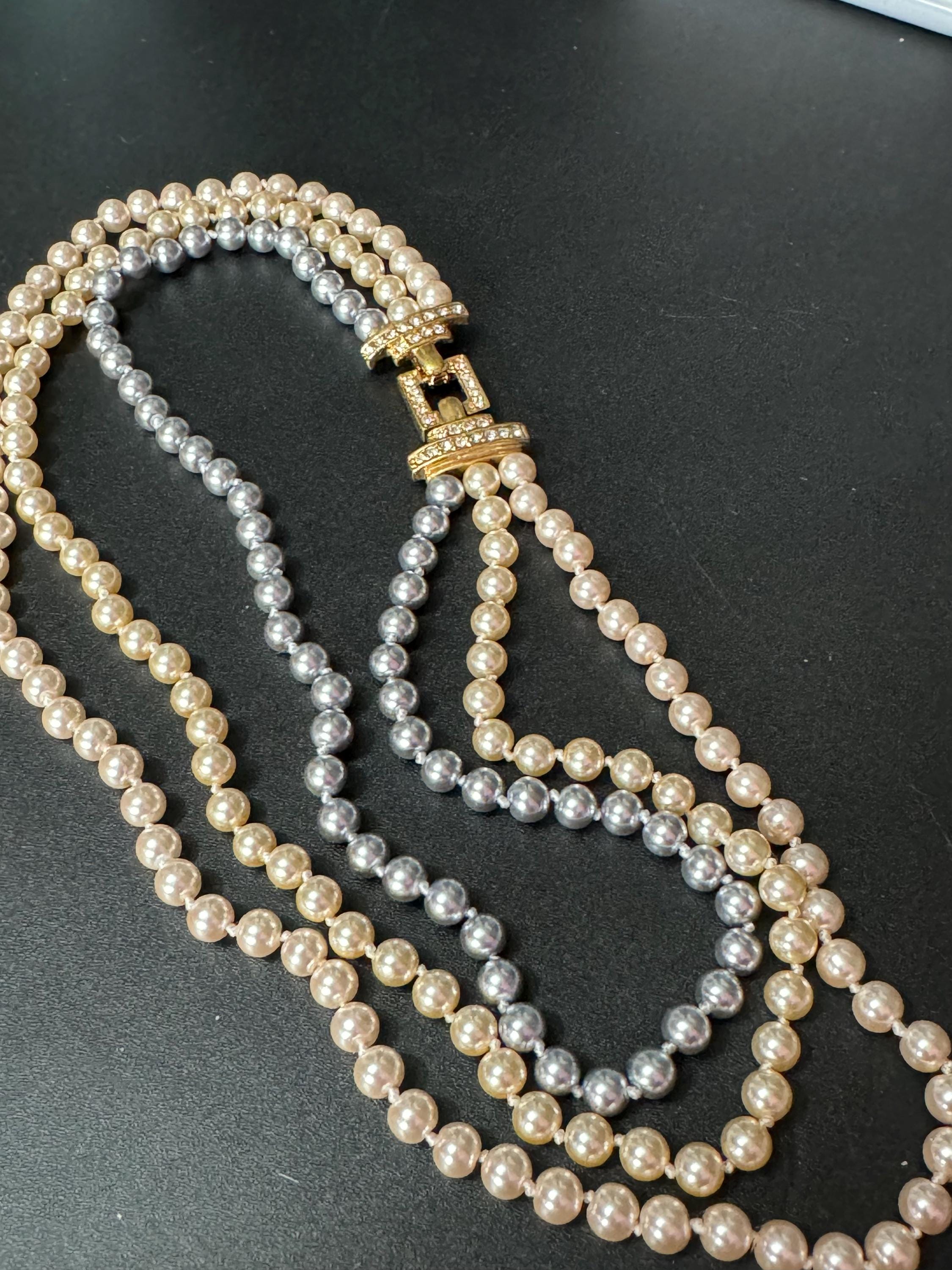 Retro Cream & Grey Knotted Glass Pearl Necklace: Gold Diamanté Clasp, 45cm