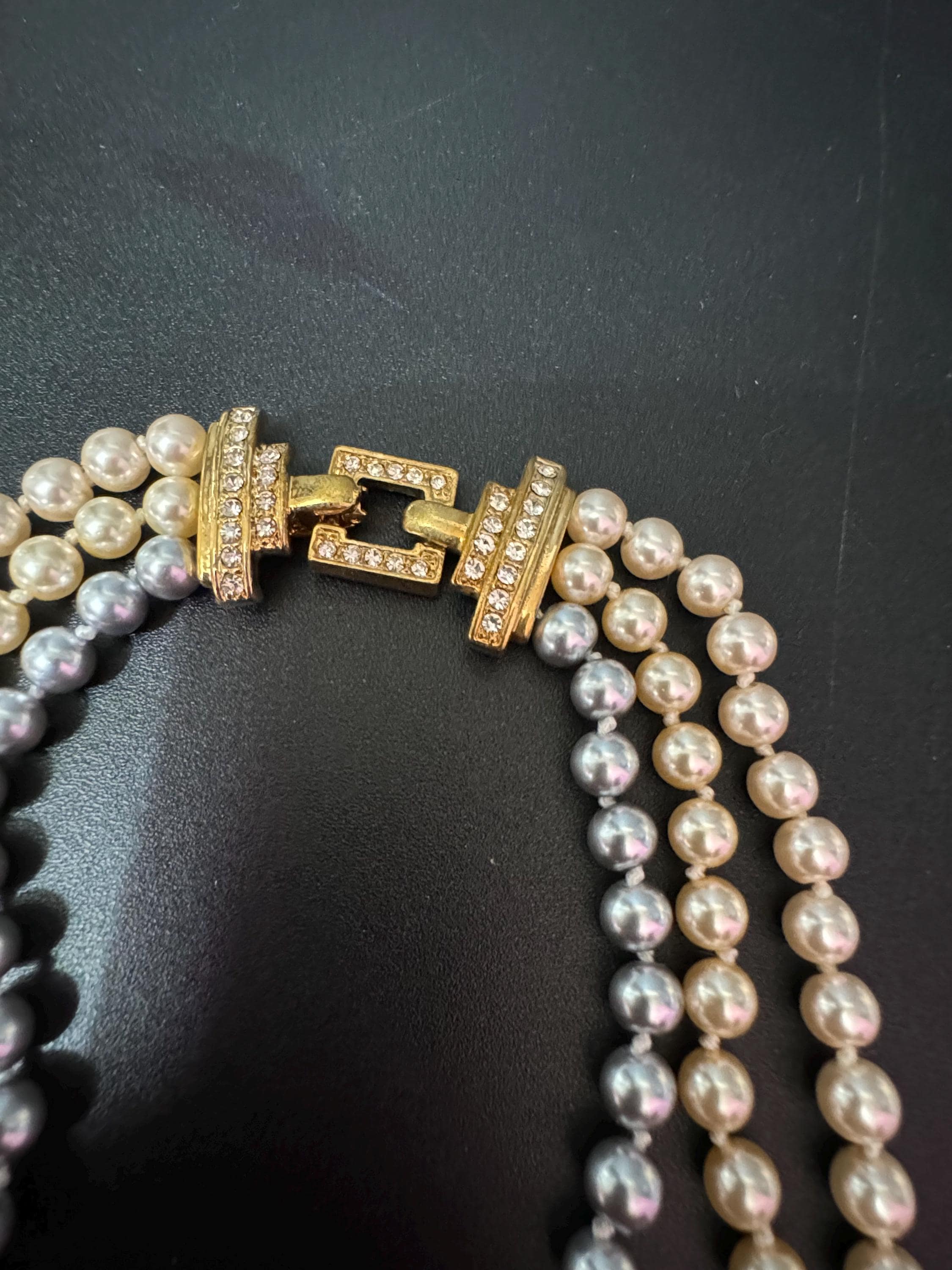 Retro Cream & Grey Knotted Glass Pearl Necklace: Gold Diamanté Clasp, 45cm