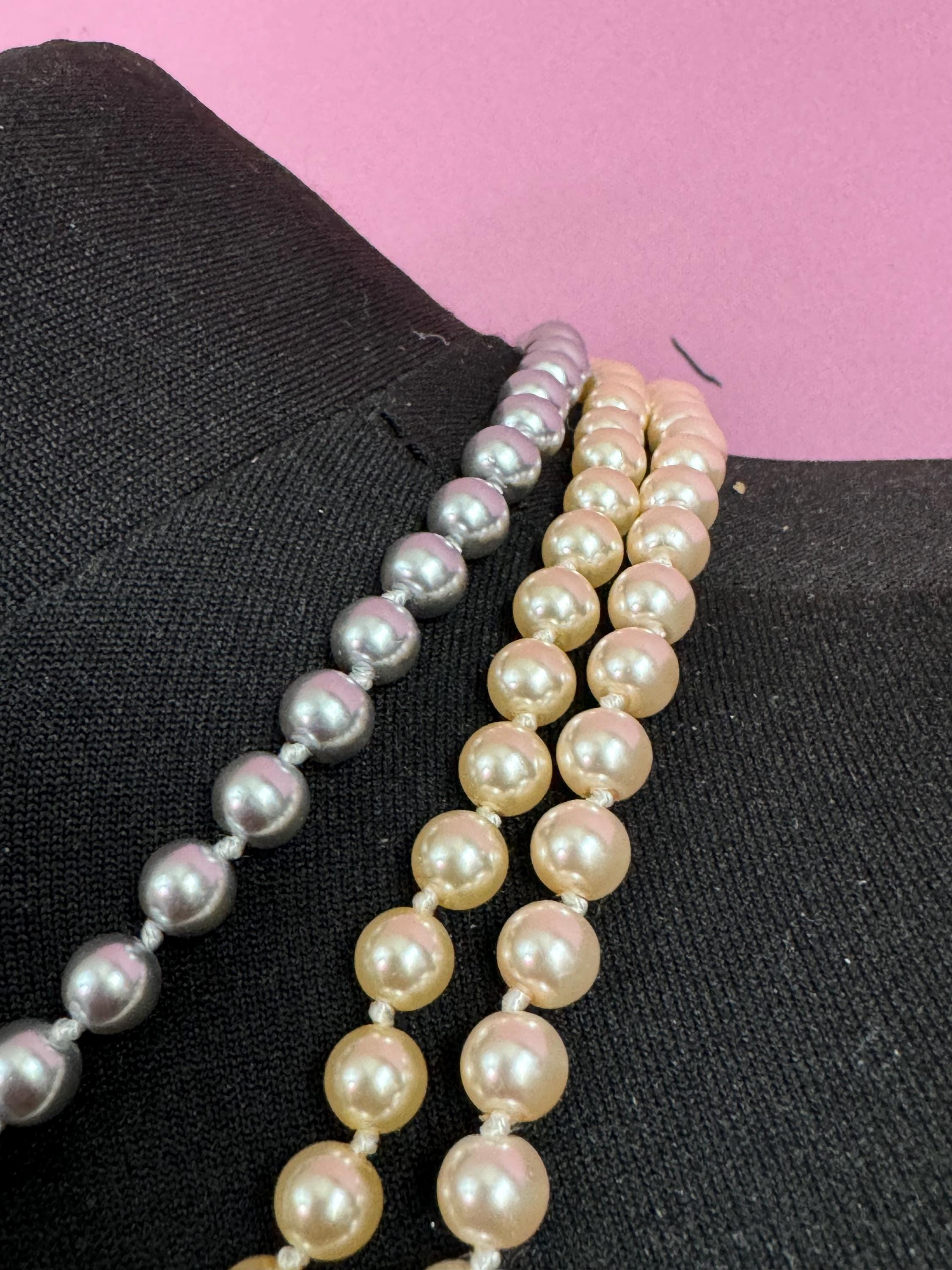 Retro Cream & Grey Knotted Glass Pearl Necklace: Gold Diamanté Clasp, 45cm