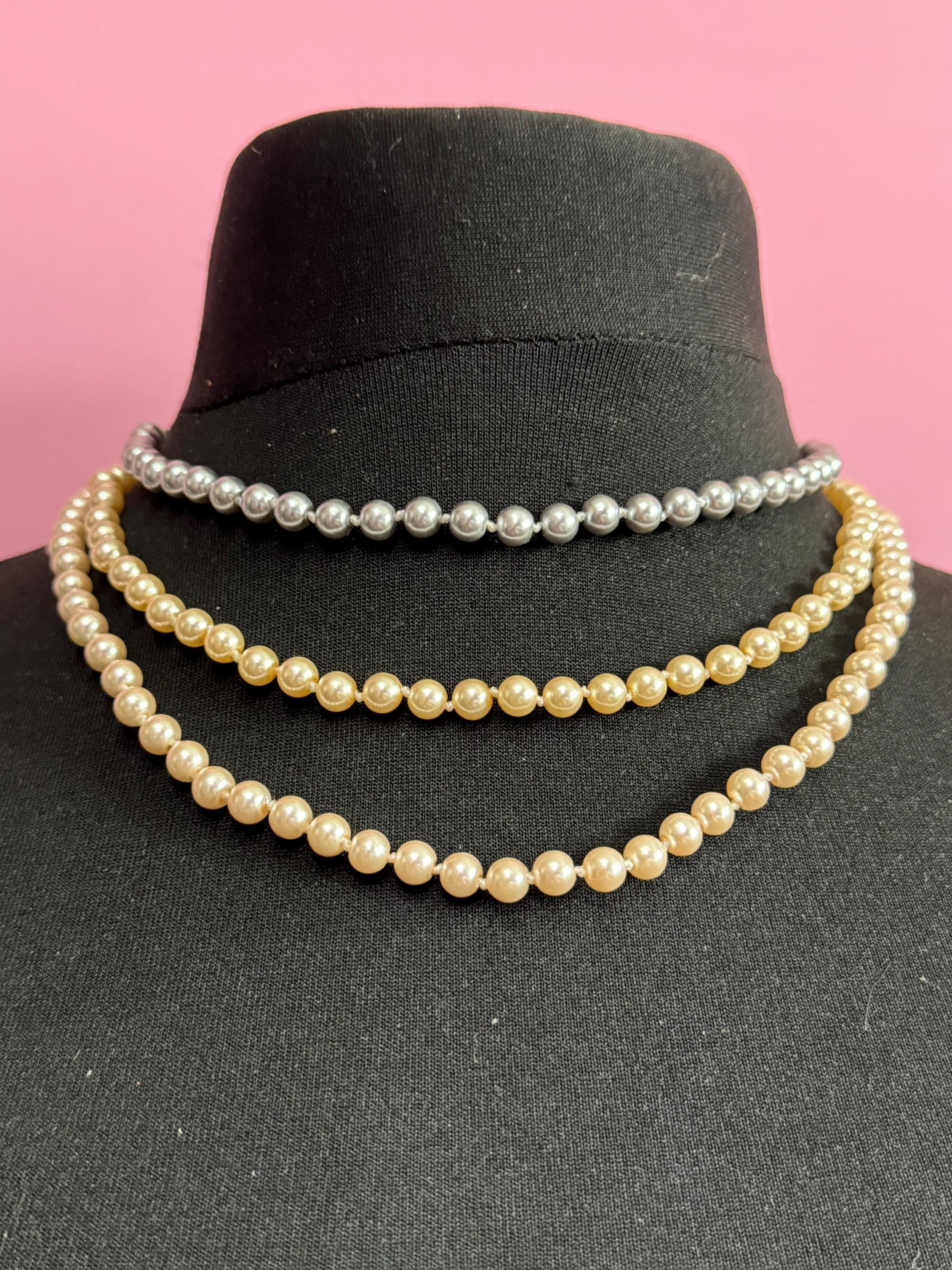 Retro Cream & Grey Knotted Glass Pearl Necklace: Gold Diamanté Clasp, 45cm