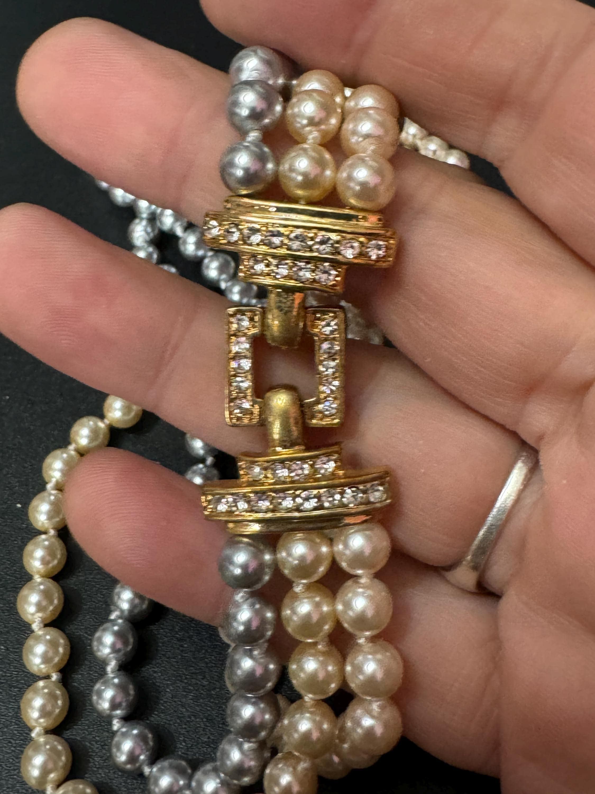 Retro Cream & Grey Knotted Glass Pearl Necklace: Gold Diamanté Clasp, 45cm