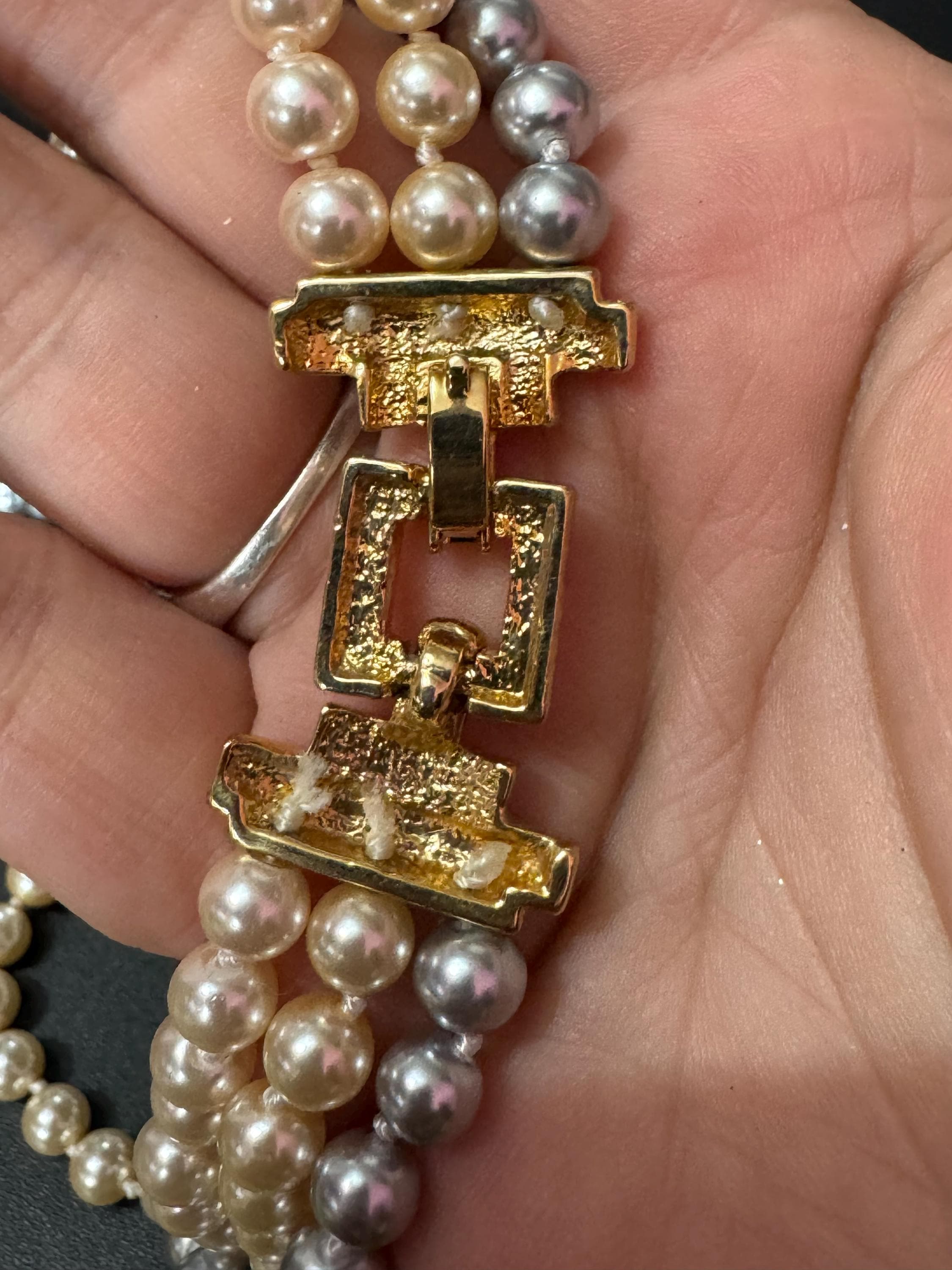 Retro Cream & Grey Knotted Glass Pearl Necklace: Gold Diamanté Clasp, 45cm