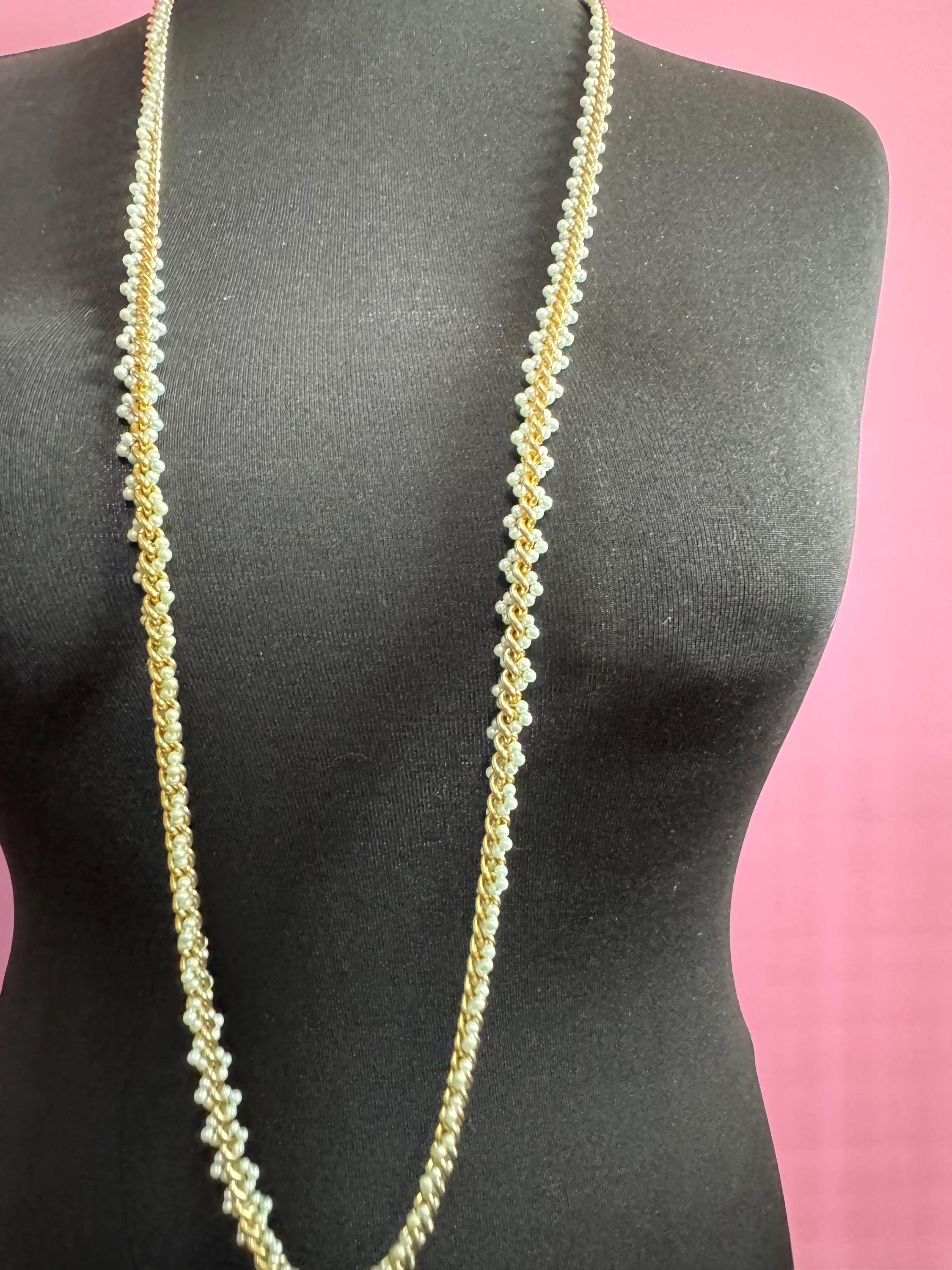 Vintage Long Seed Bead Necklace: Cream, Pale Blue & Gold Chain (118cm)