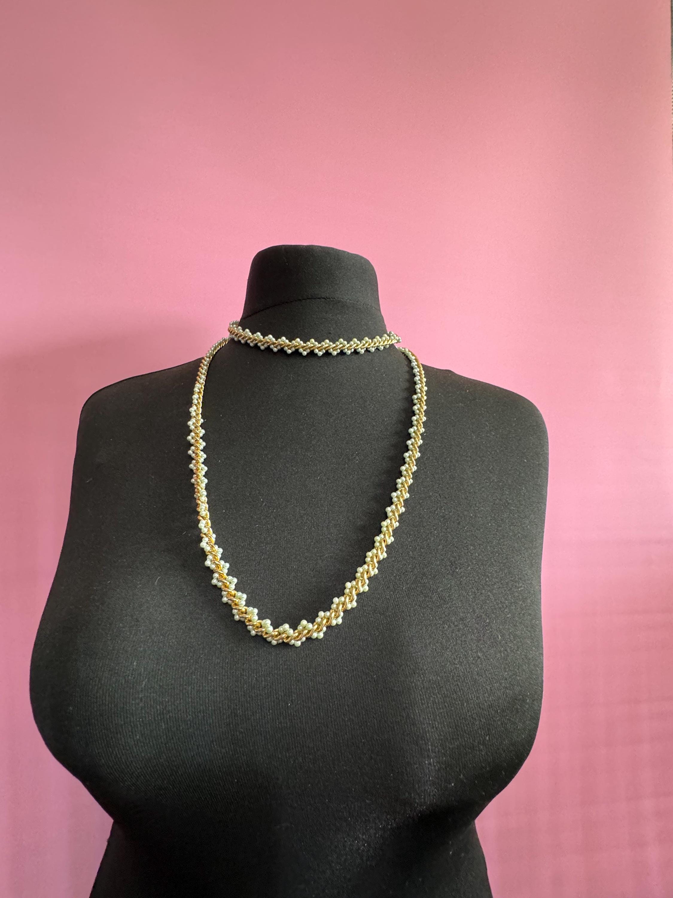 Vintage Long Seed Bead Necklace: Cream, Pale Blue & Gold Chain (118cm)