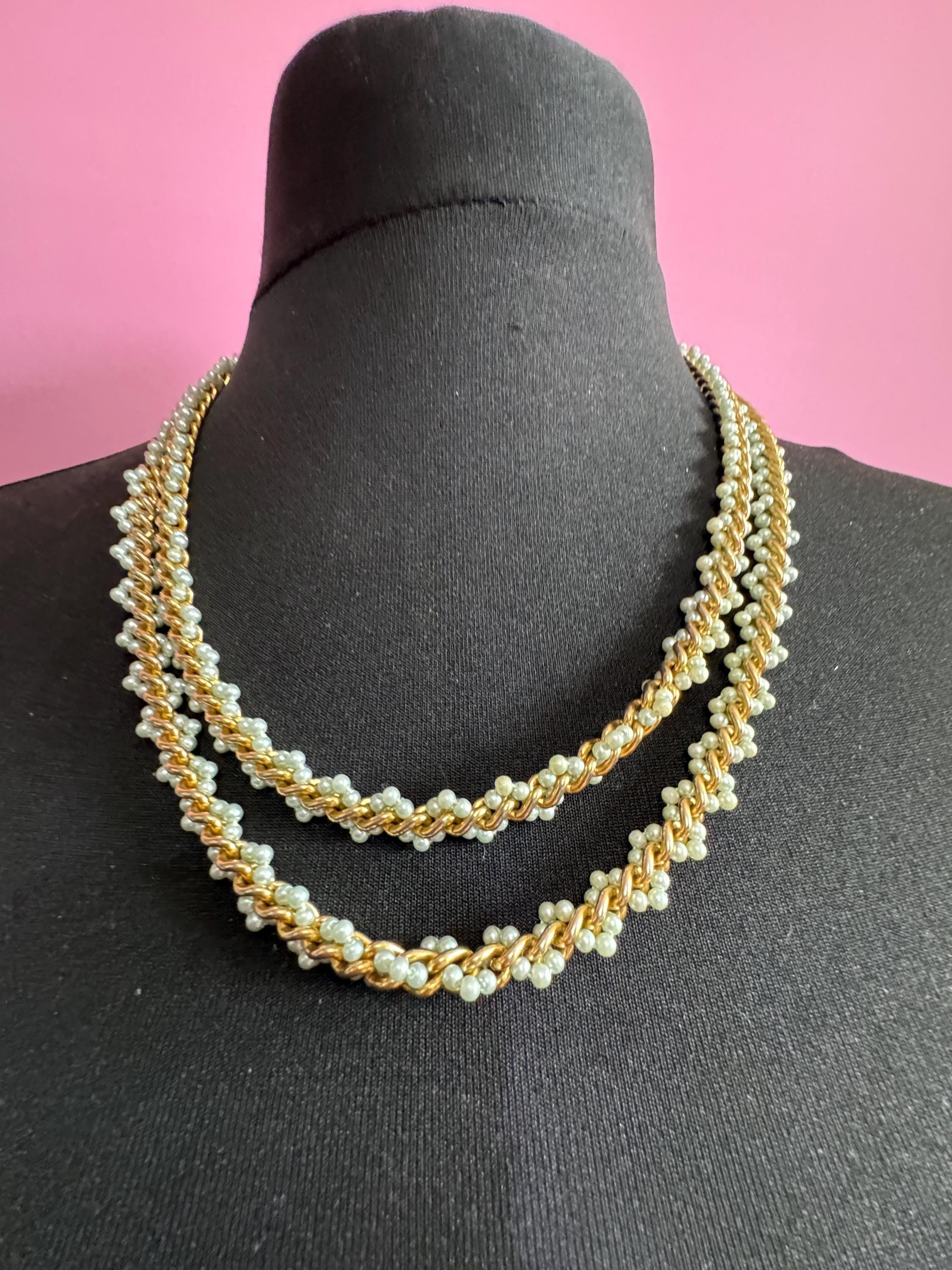 Vintage Long Seed Bead Necklace: Cream, Pale Blue & Gold Chain (118cm)