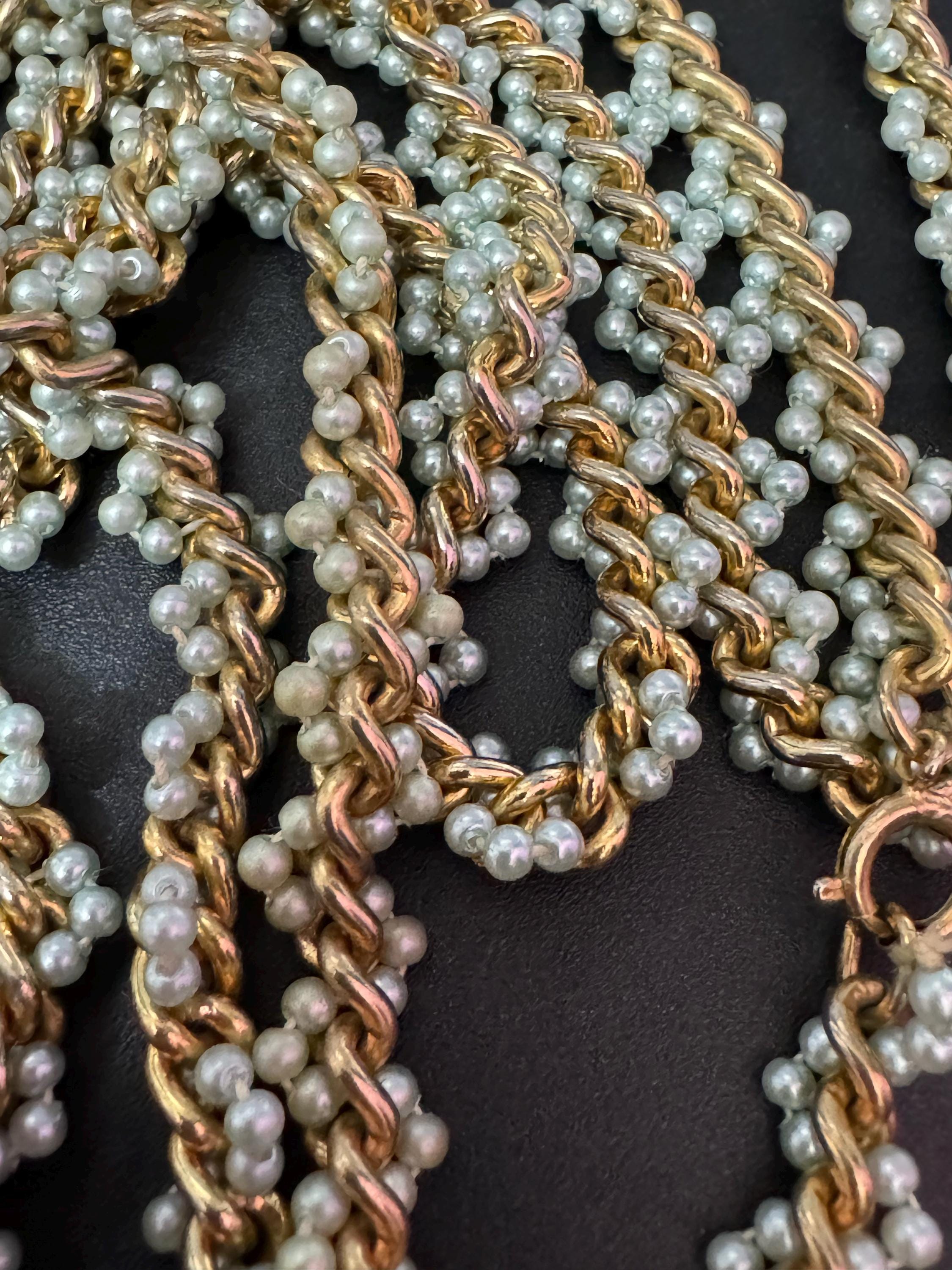 Vintage Long Seed Bead Necklace: Cream, Pale Blue & Gold Chain (118cm)