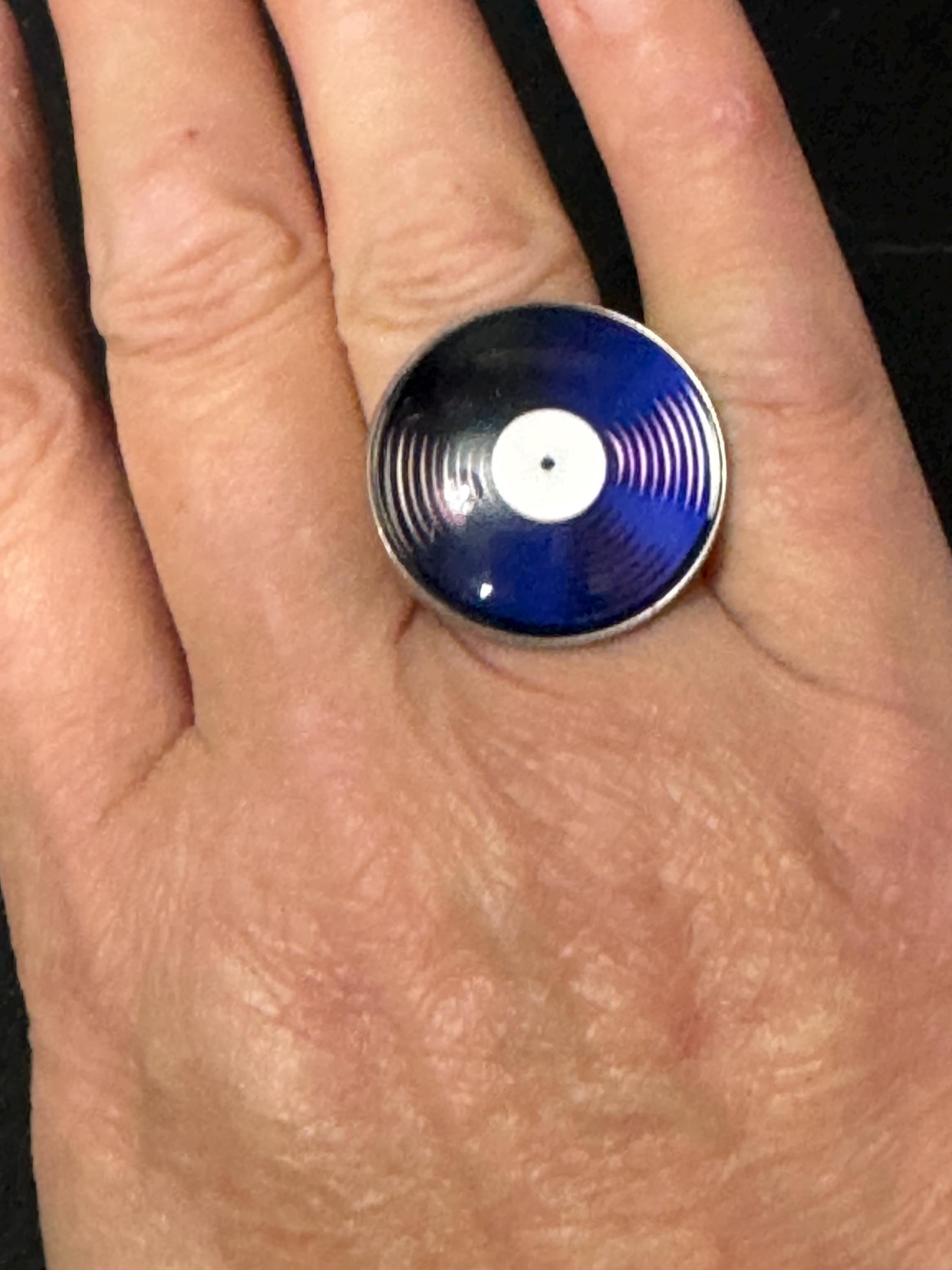 Oversized DJ black and white vinyl record Ring stainless steel glass cabochon size M N O P Q 45rpm LP