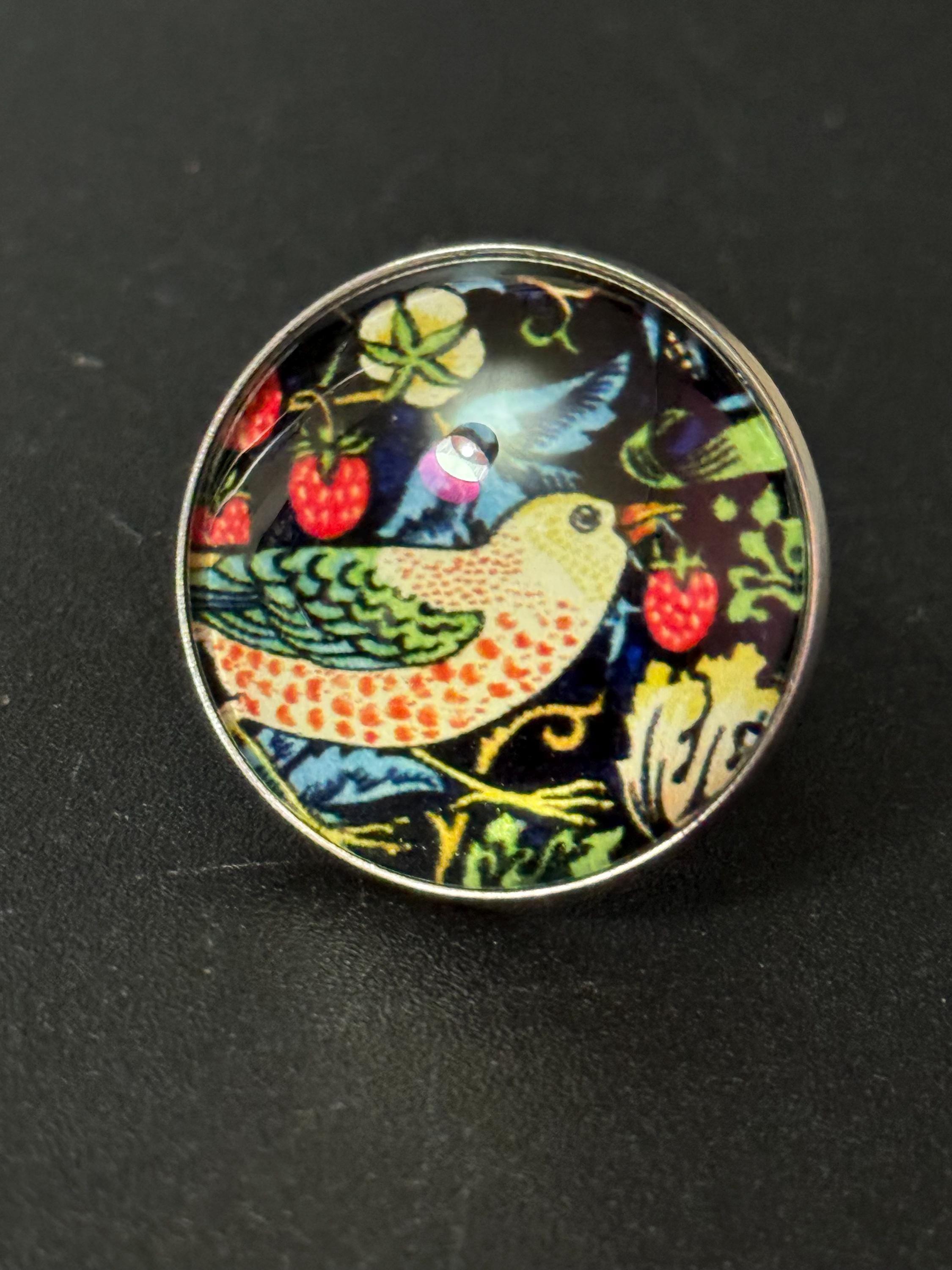 Oversized Strawberry thief William morris print ring stainless steel glass cabochon adjustable