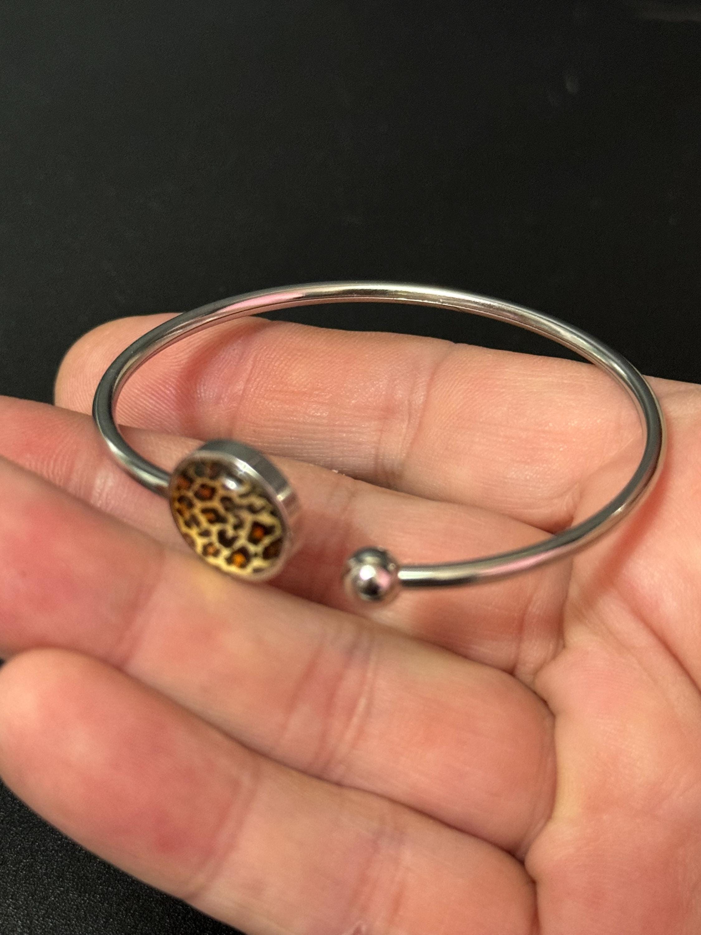 Leopard print stainless steel glass 12mm cabochon bangle bracelet