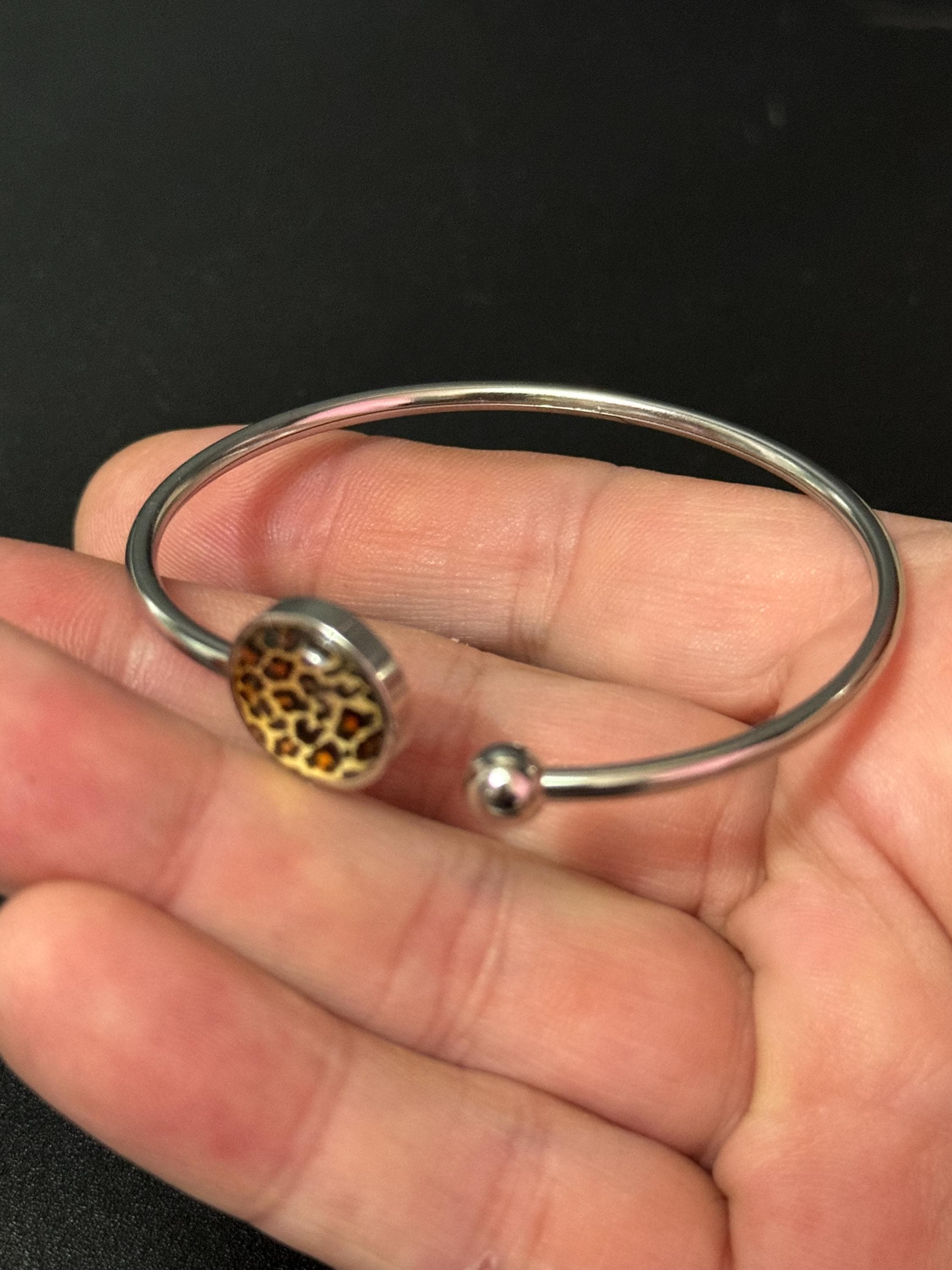 Leopard print stainless steel glass 12mm cabochon bangle bracelet, dainty slim bangles