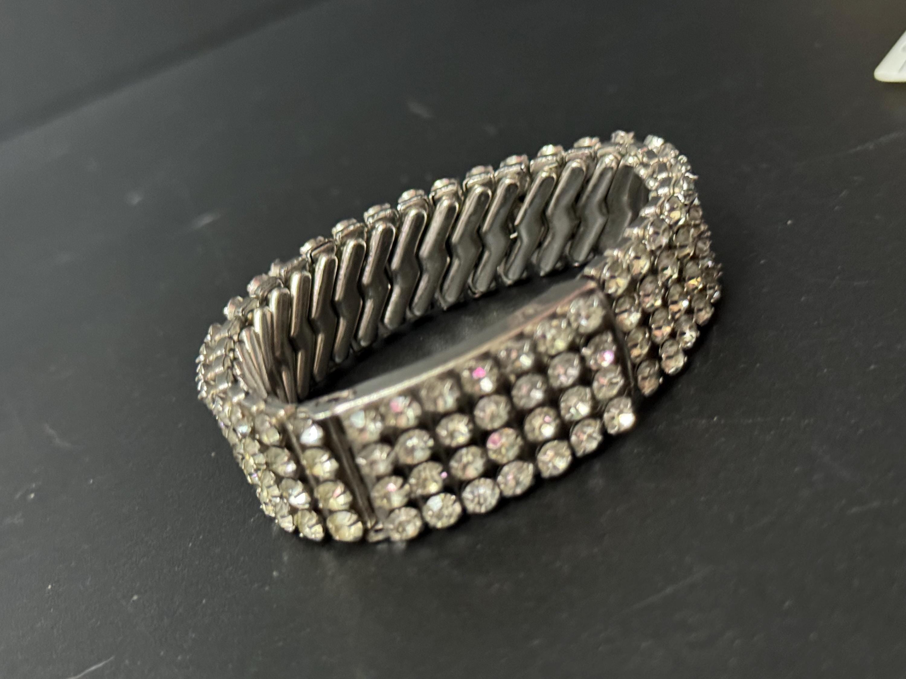 Secret photo locket 1950s Vintage chrome clear glass paste expandable bracelet