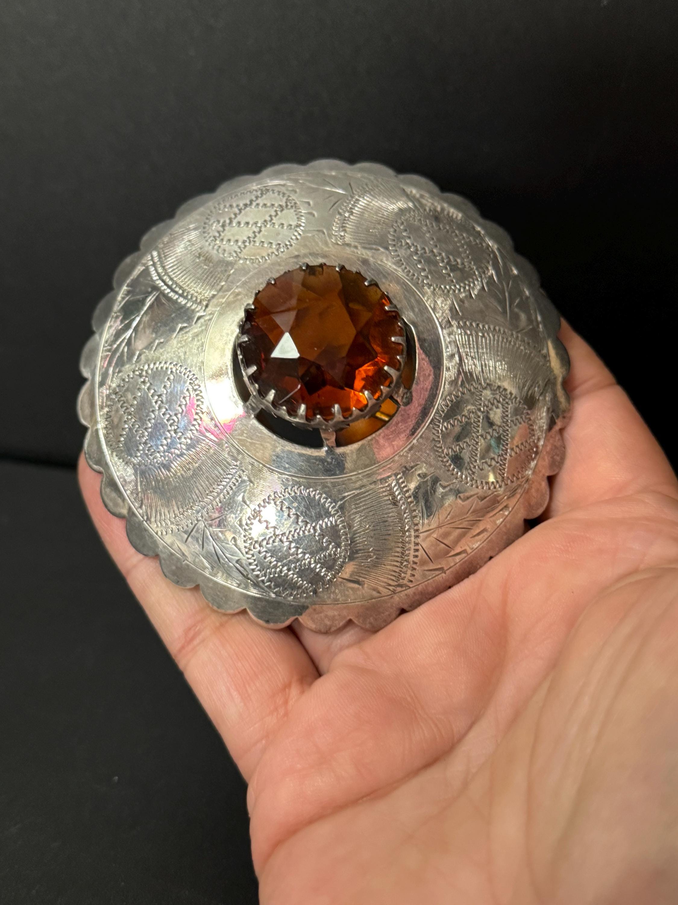 Huge celtic silver plated brown cognac glass brooch ideal for a cloak or winter coat