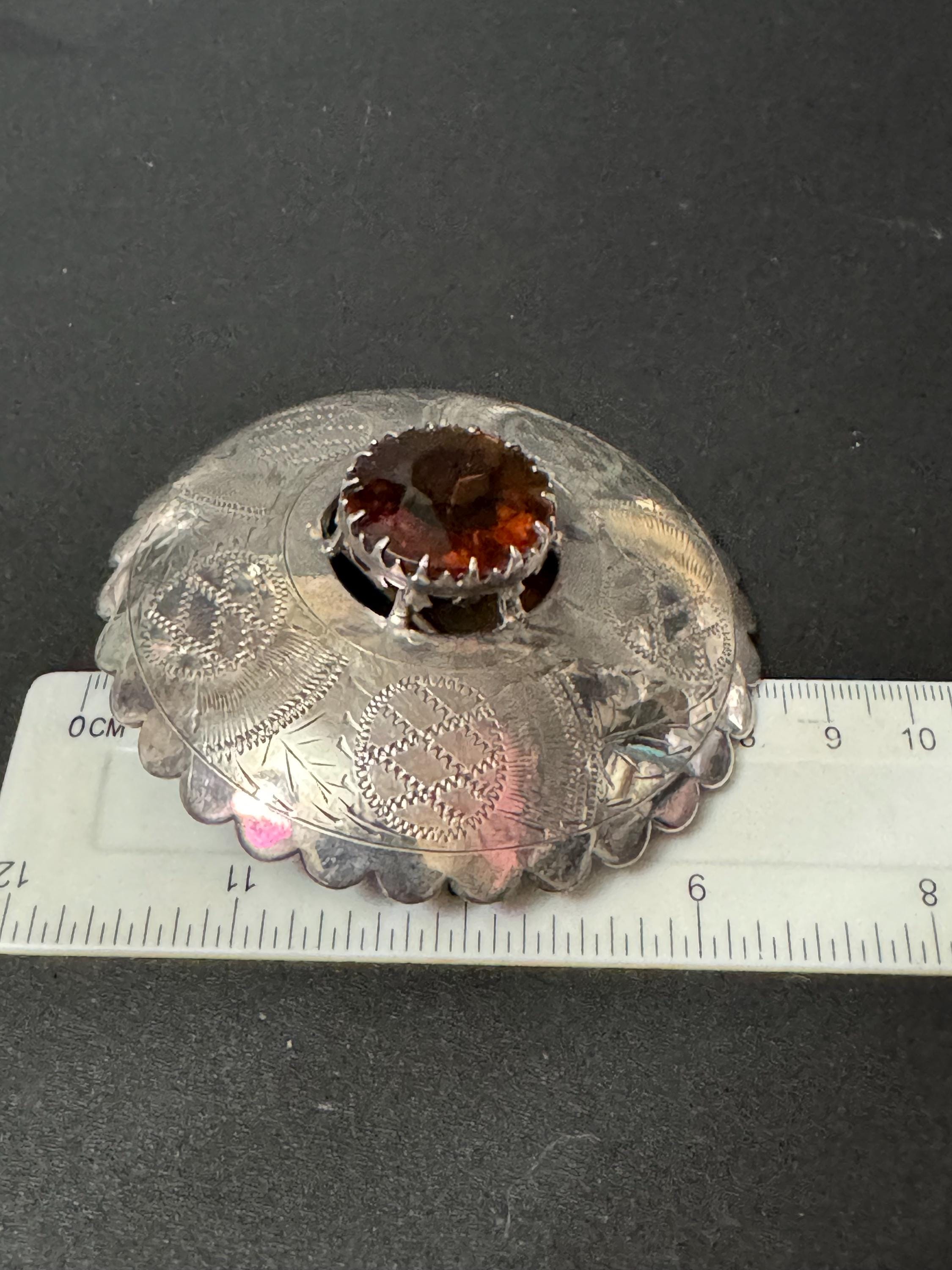 Huge celtic silver plated brown cognac glass brooch ideal for a cloak or winter coat