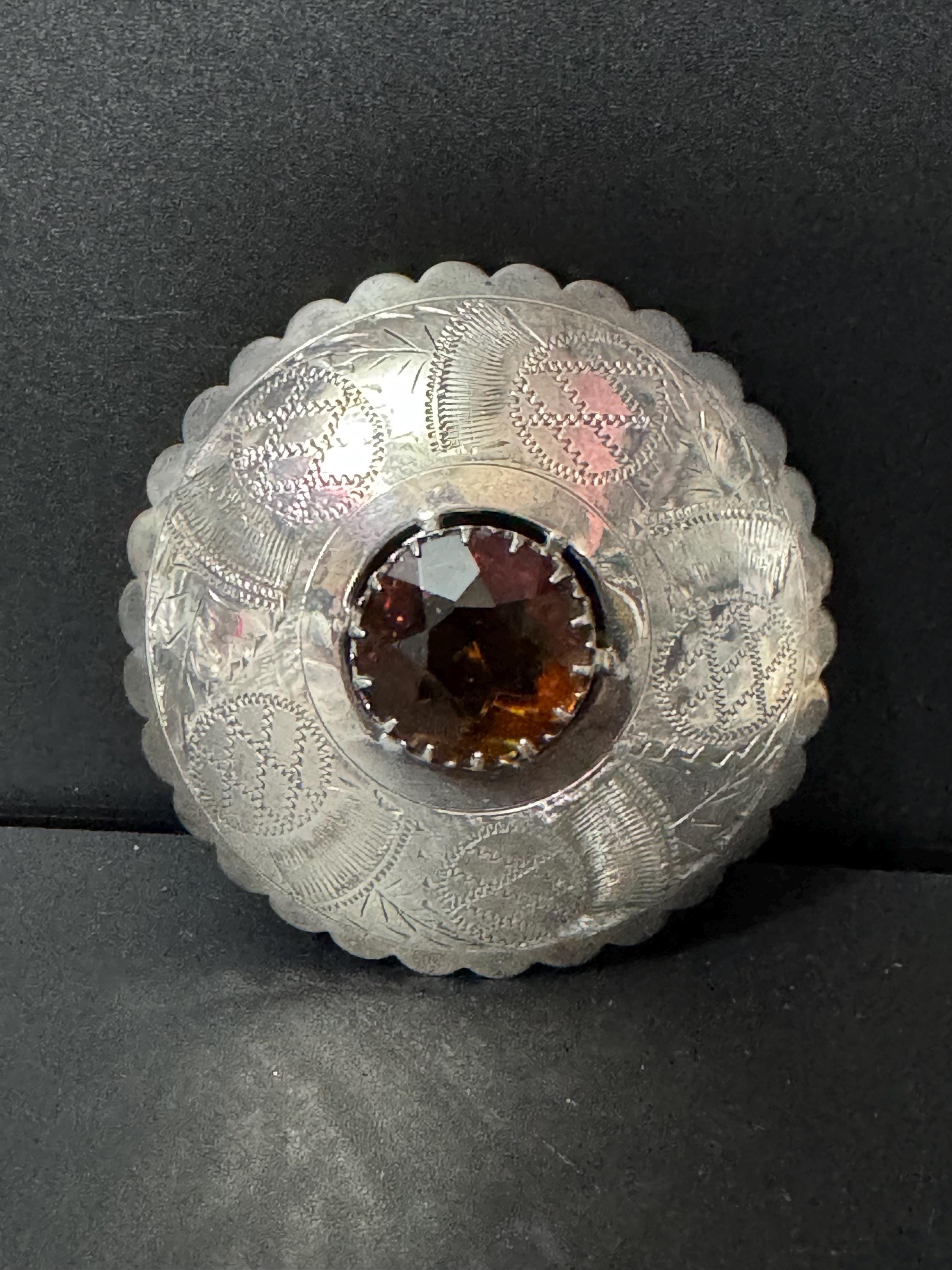 Huge celtic silver plated brown cognac glass brooch ideal for a cloak or winter coat