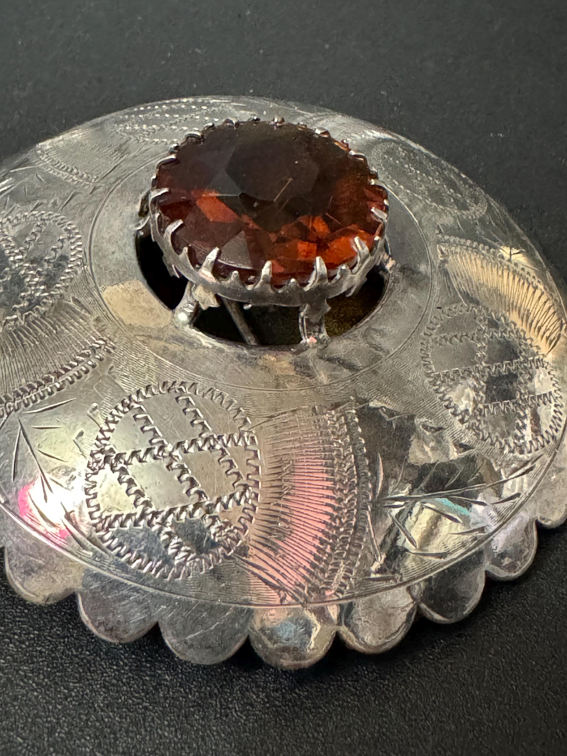 Huge celtic silver plated brown cognac glass brooch ideal for a cloak or winter coat