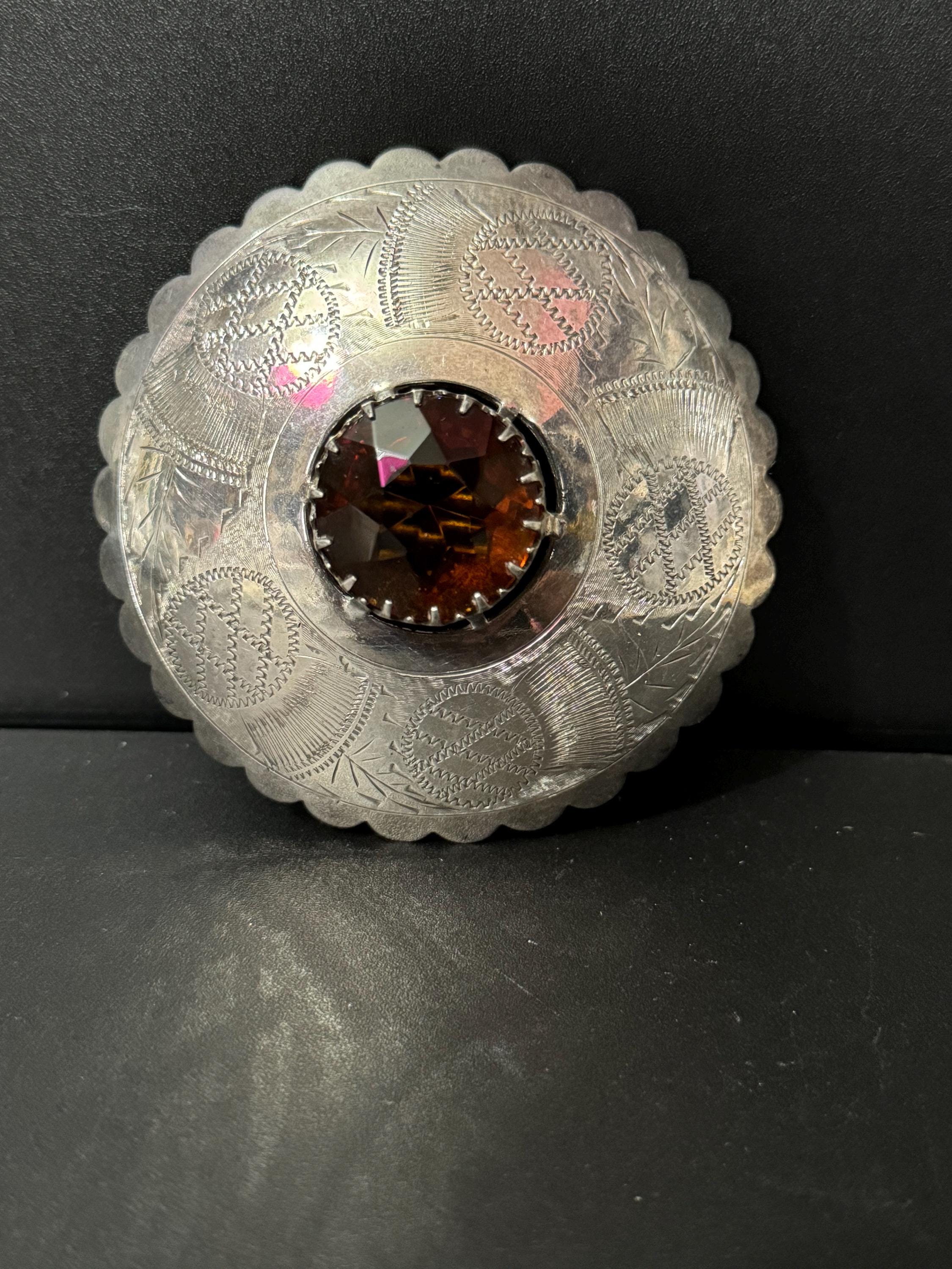 Huge celtic silver plated brown cognac glass brooch ideal for a cloak or winter coat