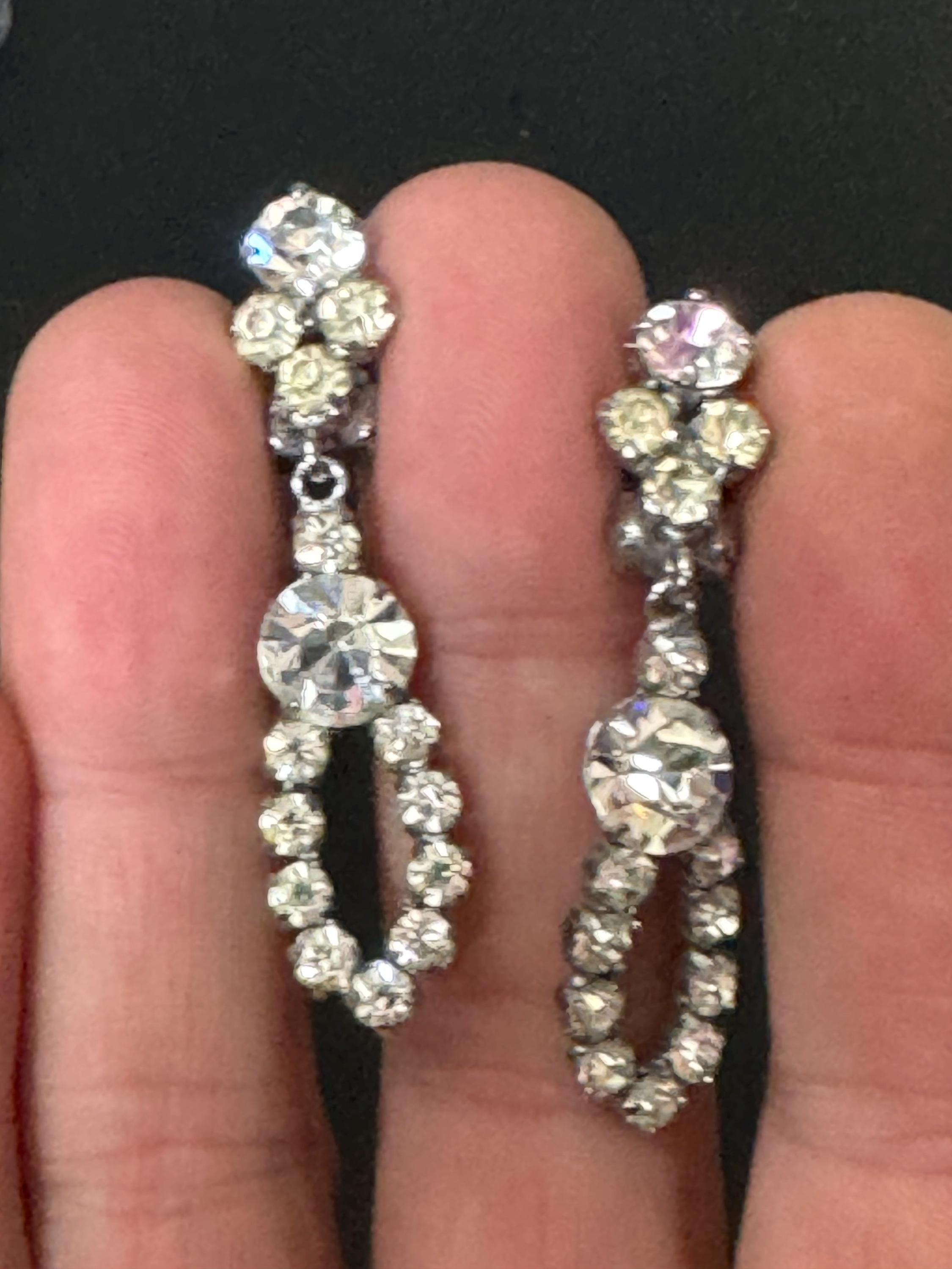 Vintage clear Diamanté Paste long Clip On Drop Earrings