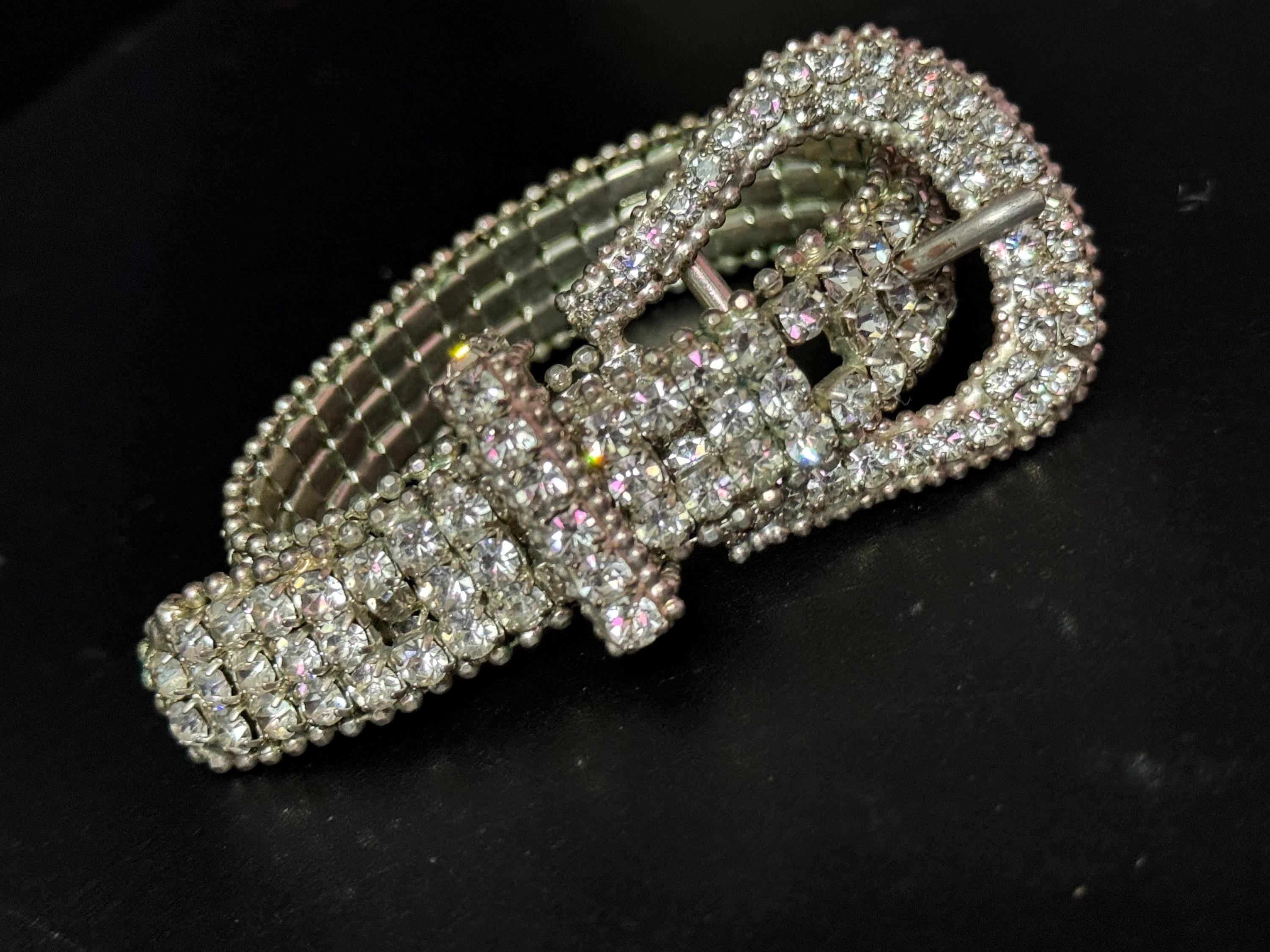 Vintage clear diamante rhinestone wide link belt buckle bracelet adjustable