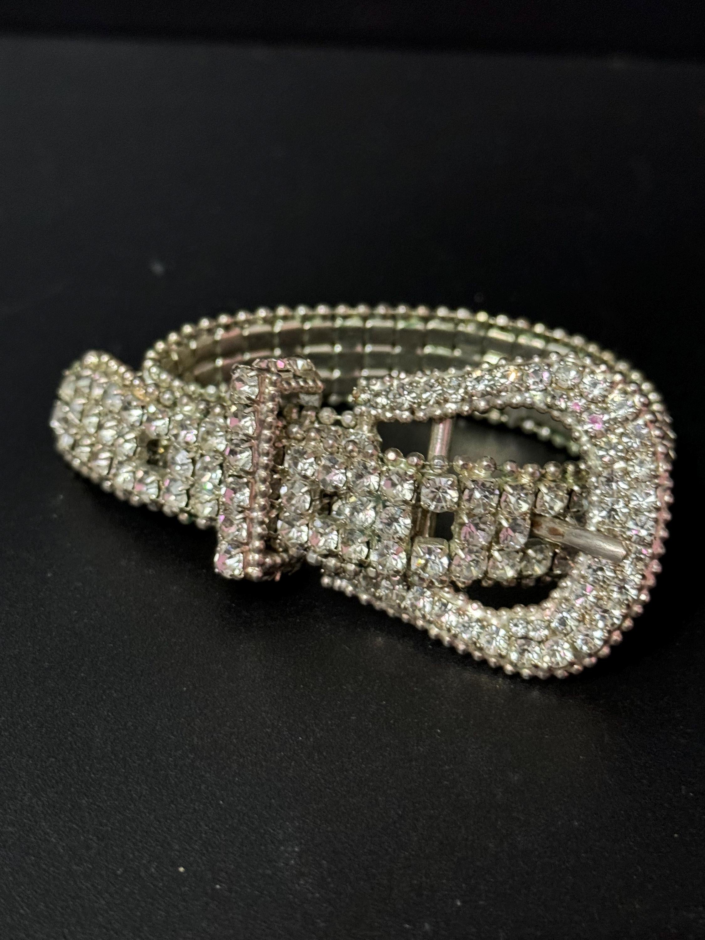 Vintage clear diamante rhinestone wide link belt buckle bracelet adjustable