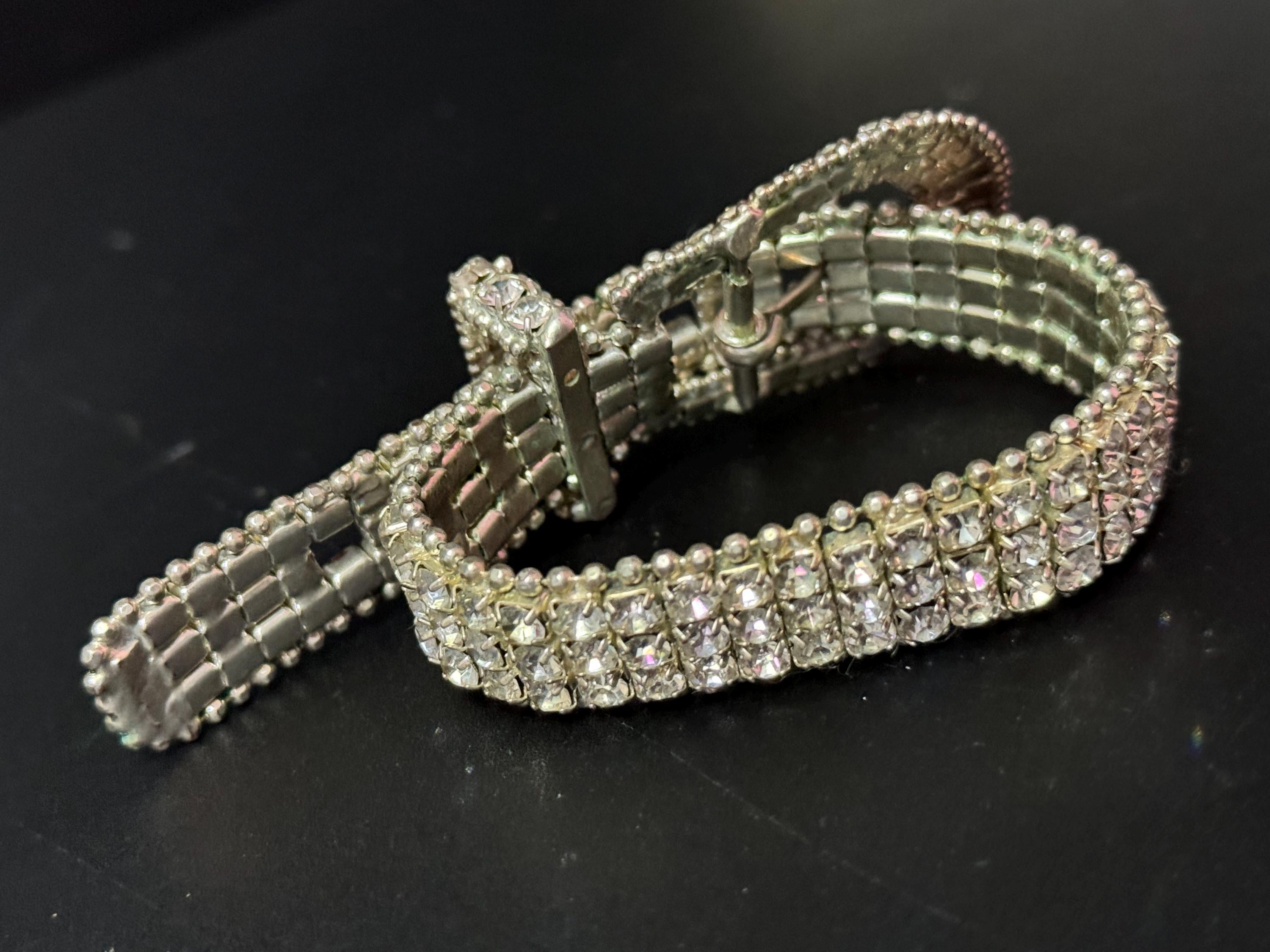 Vintage clear diamante rhinestone wide link belt buckle bracelet adjustable