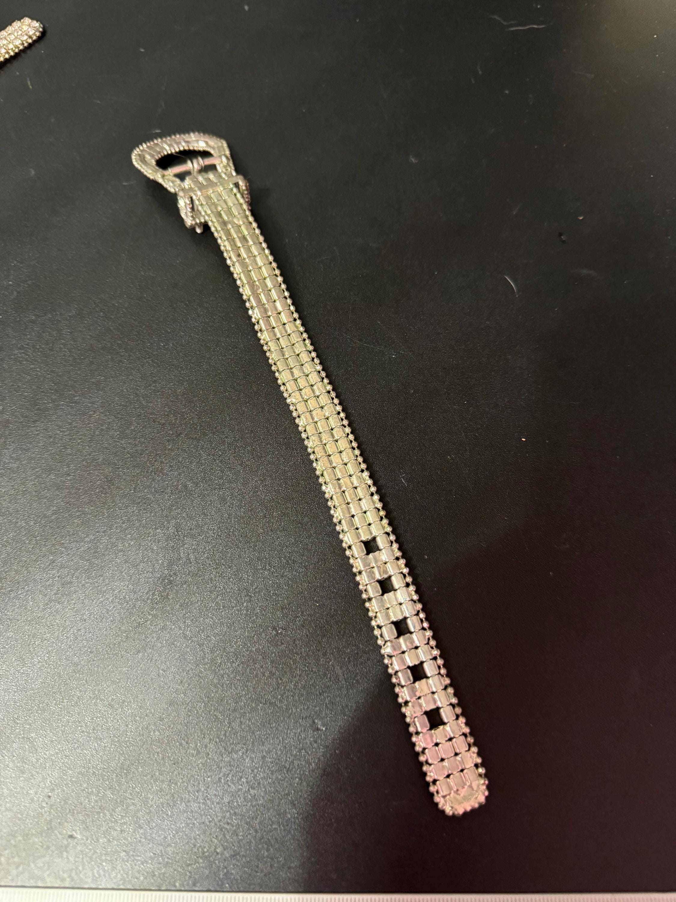 Vintage clear diamante rhinestone wide link belt buckle bracelet adjustable