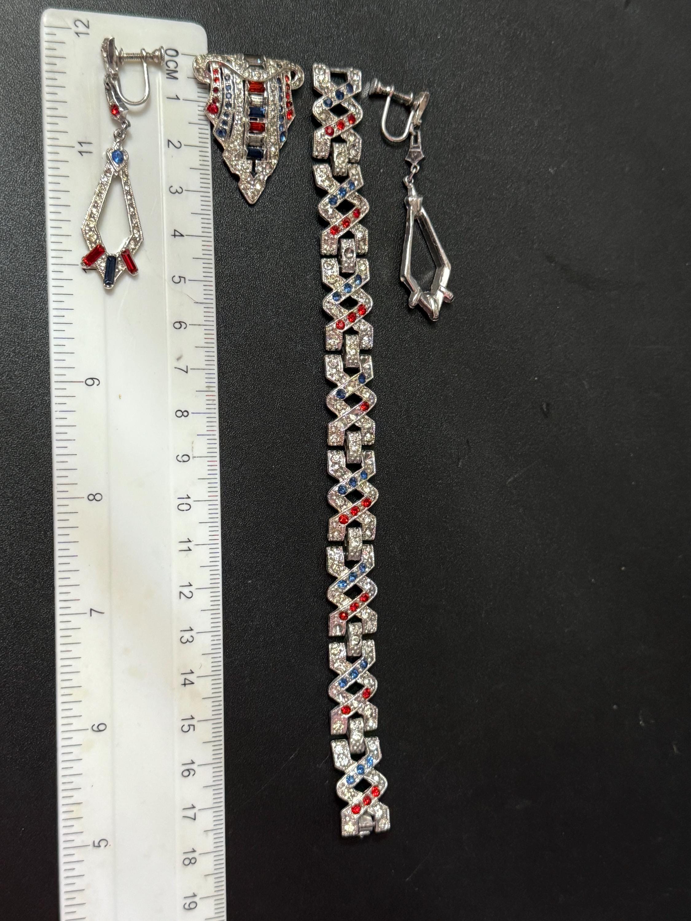 Vintage Rhinestone Jewelry Set: Patriotic Red White Blue Diamanté