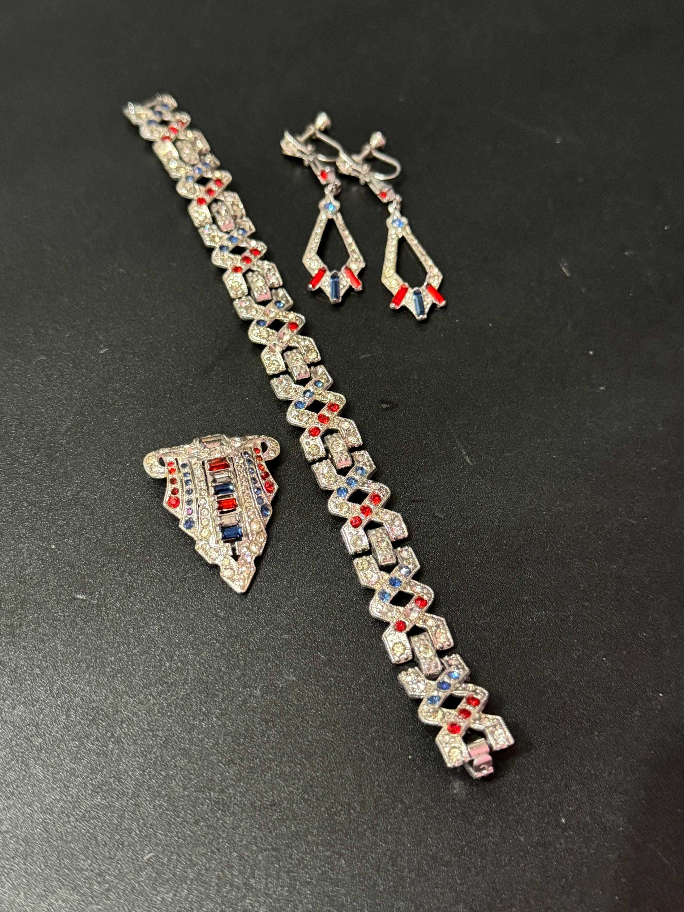 Vintage Rhinestone Jewelry Set: Patriotic Red White Blue Diamanté